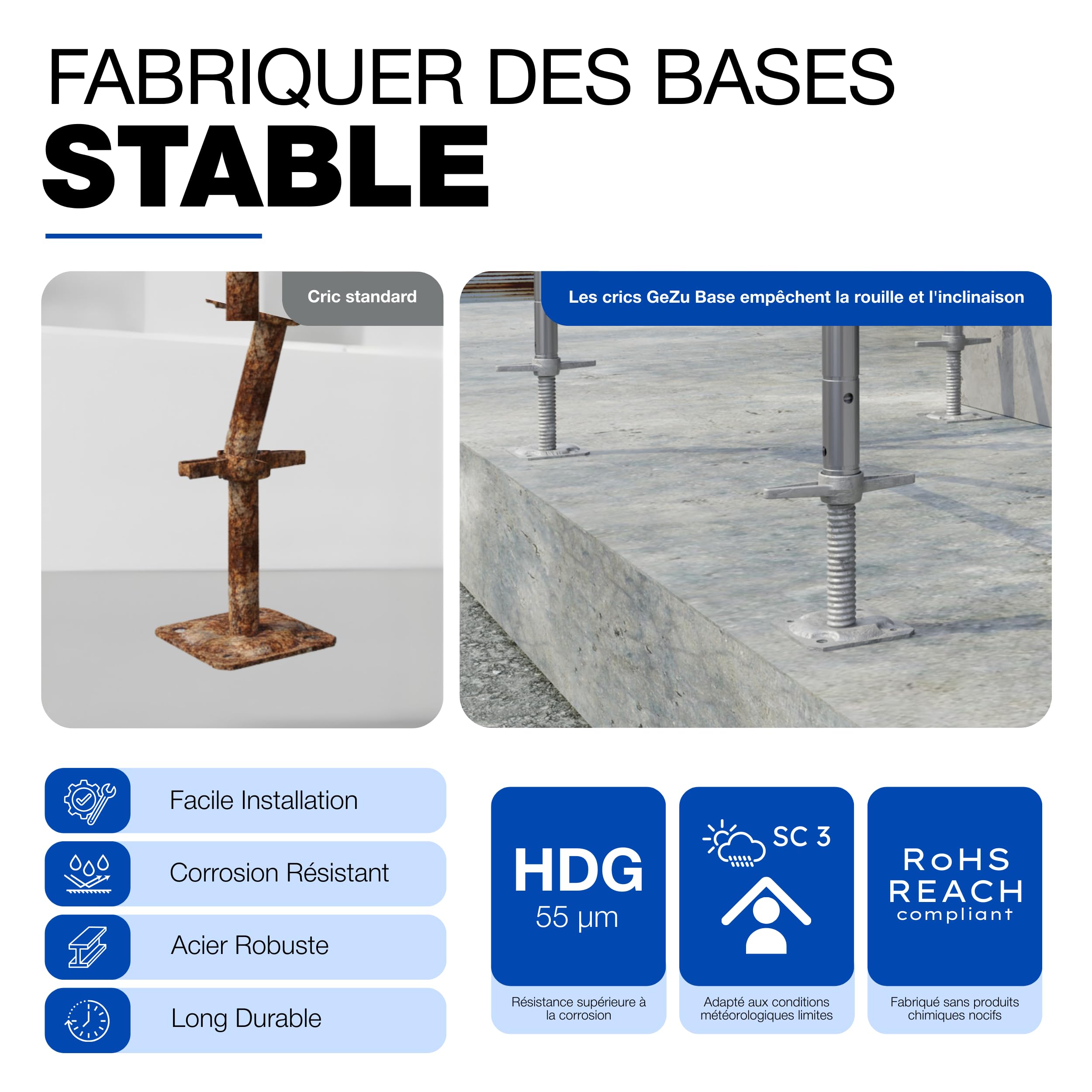 GeZu Impex Pied d'échafaudage avec Tige Filetée Ø 38 x 1000 mm | Galvanisé à Chaud plaques de pieds réglables