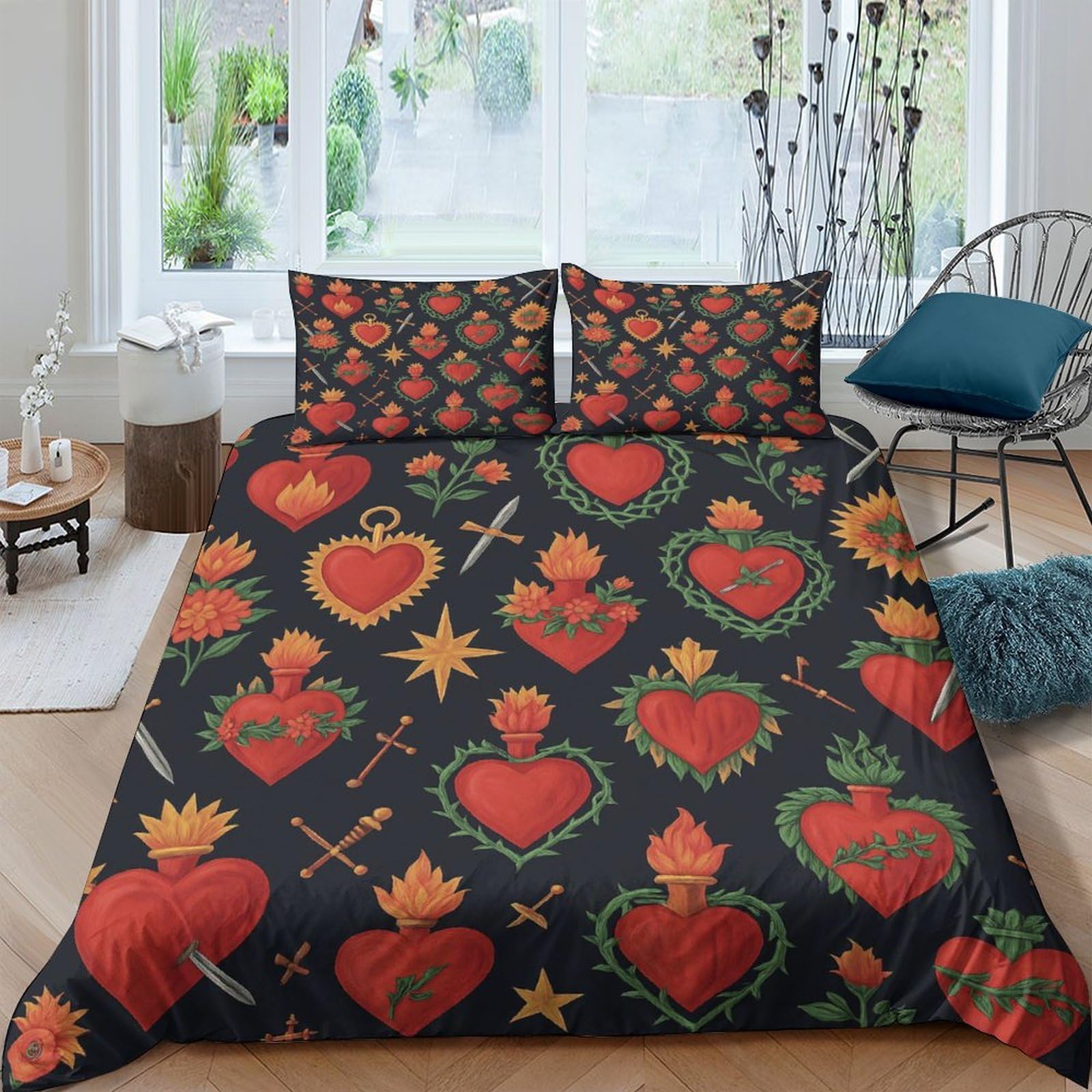 Ctjqhvkz Style-1 3D Printed Sacred Heart Fitted Sheet Microfiber Soft Black Red Tattoo Style Bed Cover For Bedroom Dorm Decor Single（135X200cm）