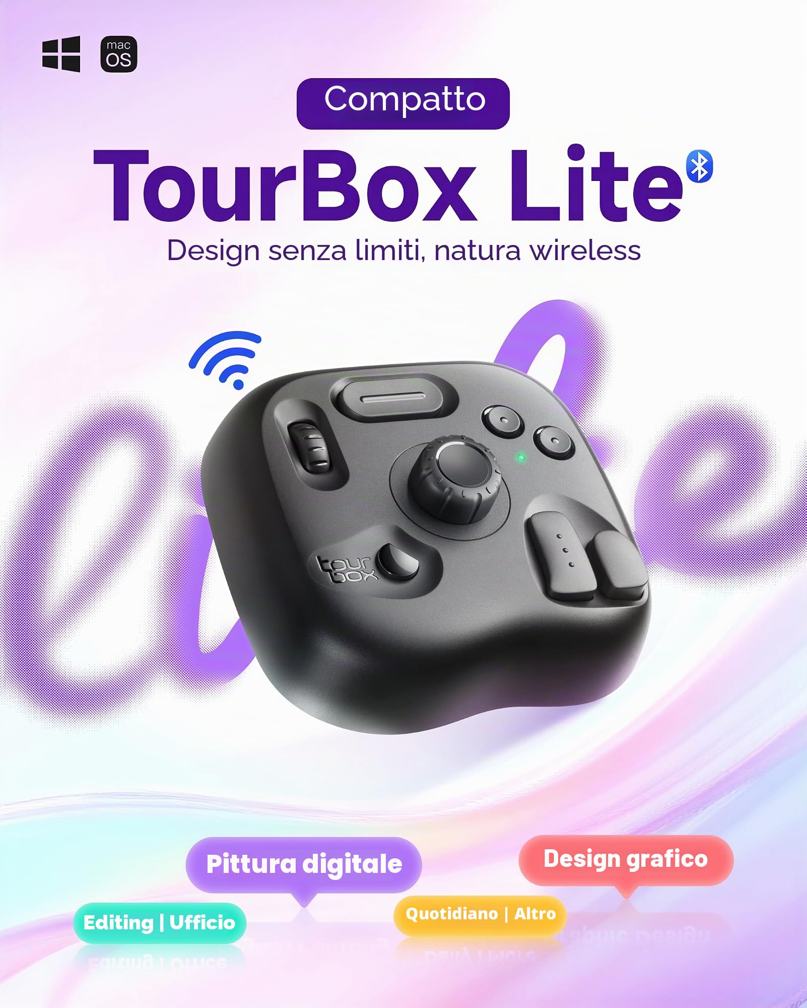 TourBox Lite Bluetooth – Tastiera Compatta di Editing, Pad Macro per Disegno, Compatibile con Clip Studio Paint e altro, Controller Creativo con Software Programmabile – Wireless (Solo Dispositivo)