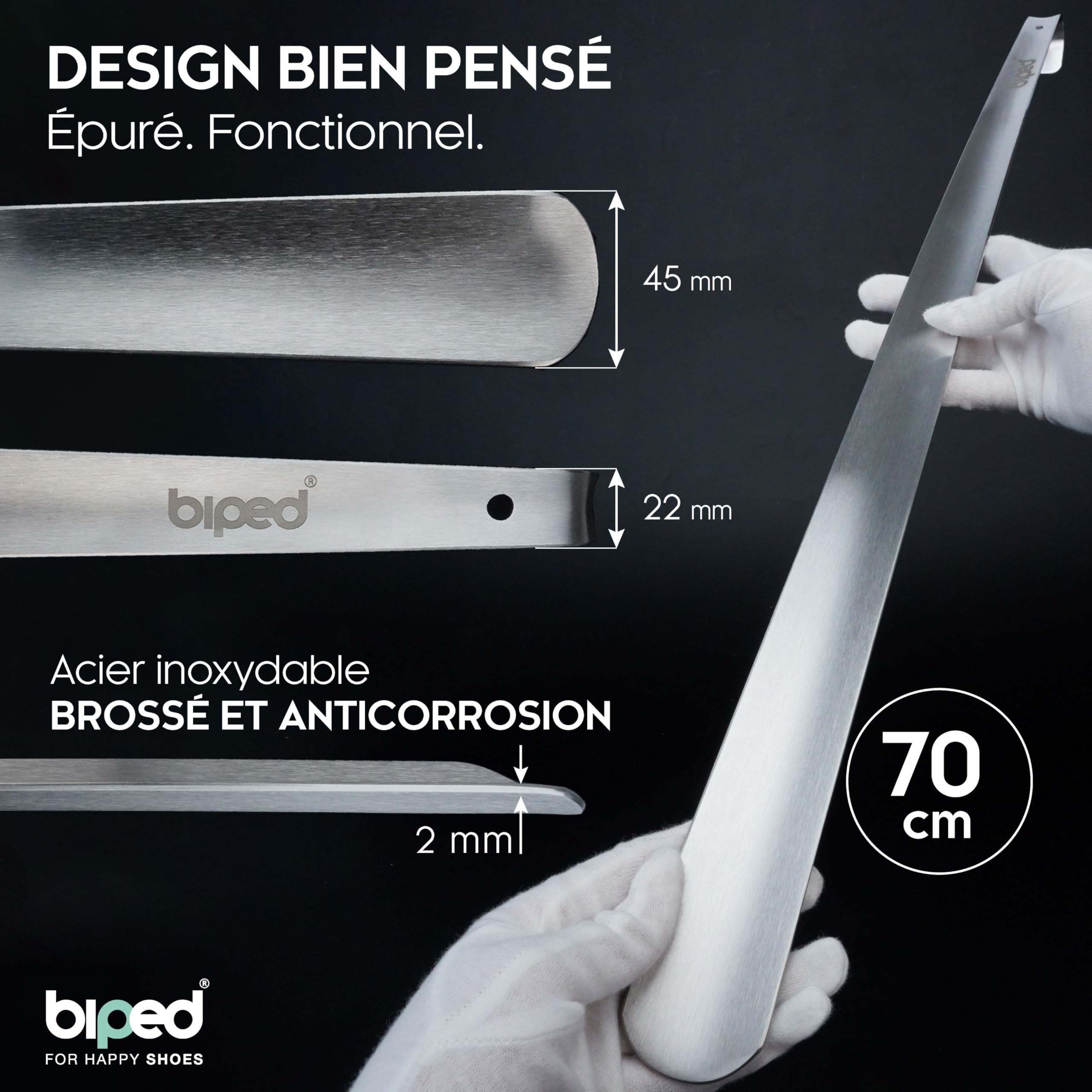 biped chausse-pied long en métal, acier inox brossé – aide-chaussure robuste dans coffret cadeau élégant – chausse-pied premium pour un usage quotidien z2932(70cm,silver)
