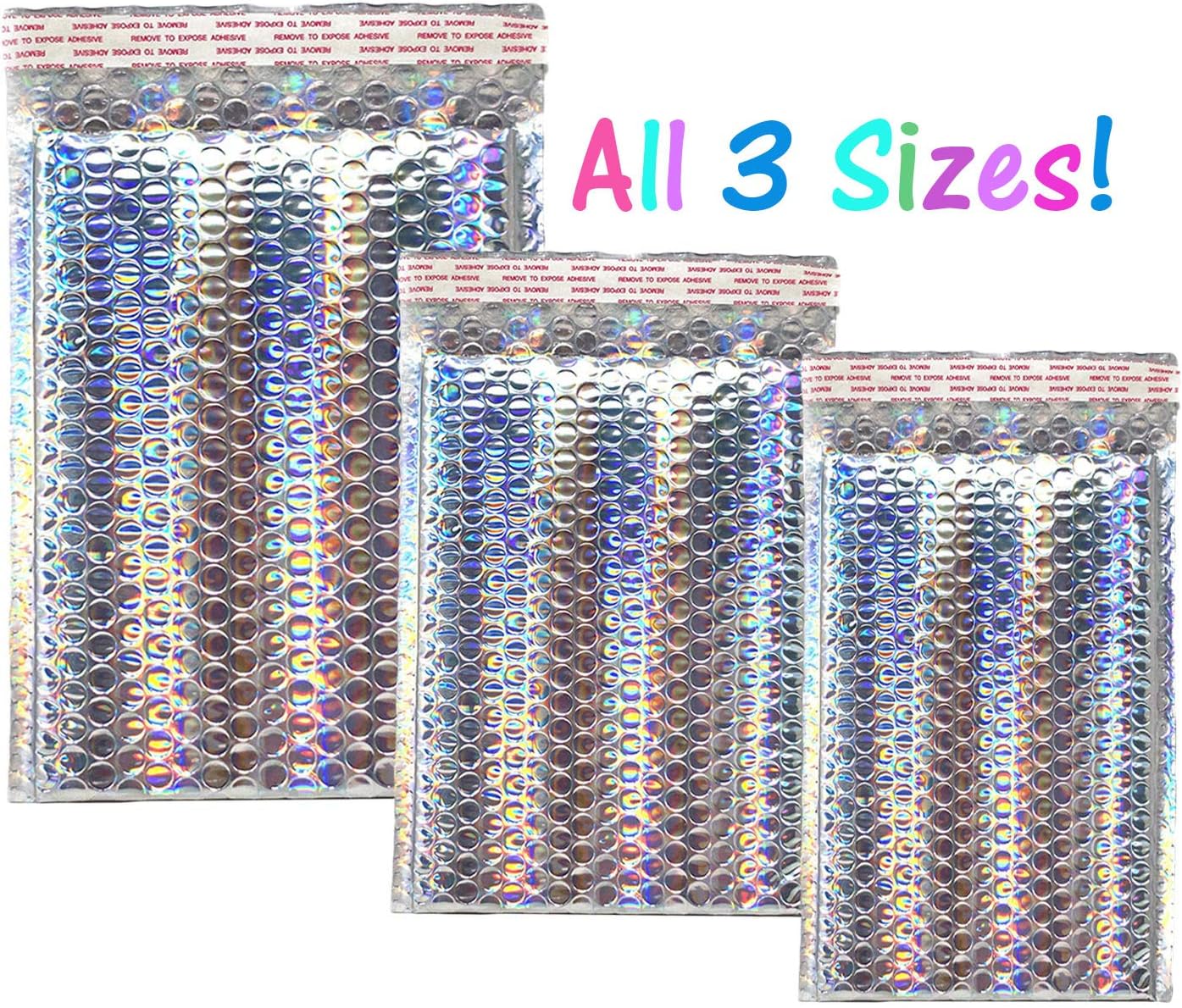 5x9, 6x10, 8.5x12" All Sizes Combo, Holographic Bubble Mailers, Glamour Metallic Padded Quality Hologram Cushion Mailing Envelopes, Heavy Duty Packaging Mailers W/Kissy Stickers (36)