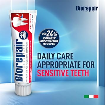 BIOREPAIR Gentle Protection- 24% Hydroxyapatite Toothpaste for Sensitive Teeth, Daily Use, Fluoride Free Toothpaste, Helps Prevents Plaque Build-Up & Freshens Breath, Oral Care, 3.28 Oz, Made in Italy