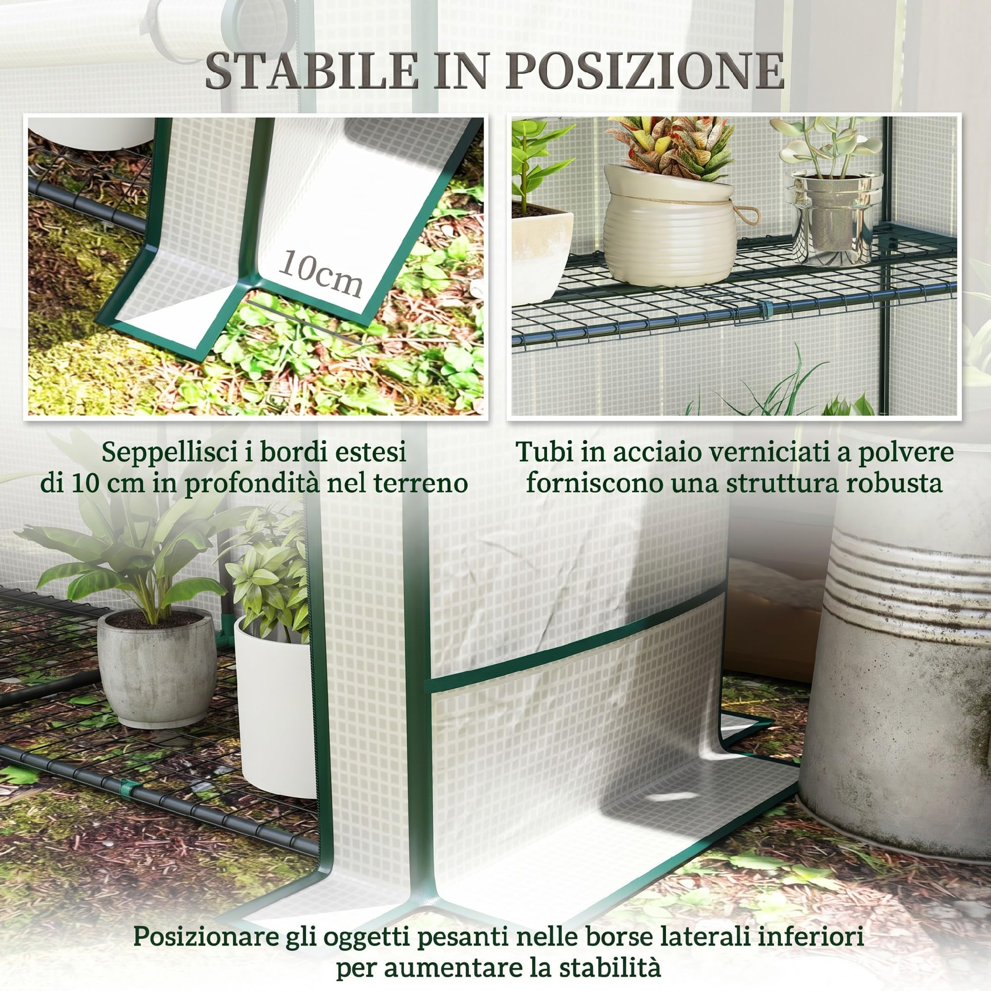 Outsunny Serra da Giardino con 2 Porte Avvolgibili, Scaffale a 3 Ripiani e Tasche Laterali, Struttura in Acciaio e Copertura in PE, Serra per Orto per Piante e Fiori, Protezione Anti UV, Bianco Verde