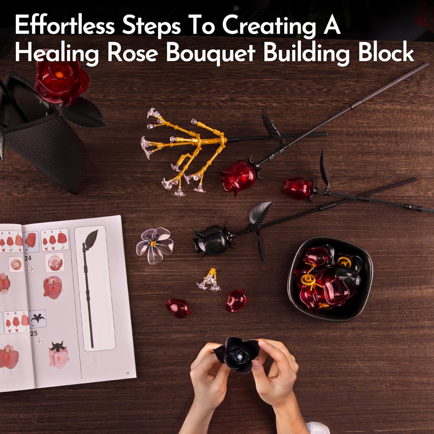 Rose Flower Bouquet Building Set for Adults, Valentines Creative Gift for Women Teen Girlfriend Anniversary, Artificial Floral Botanicals Collection Gothic Decor for Home or Office (414 PCS) - Image 7