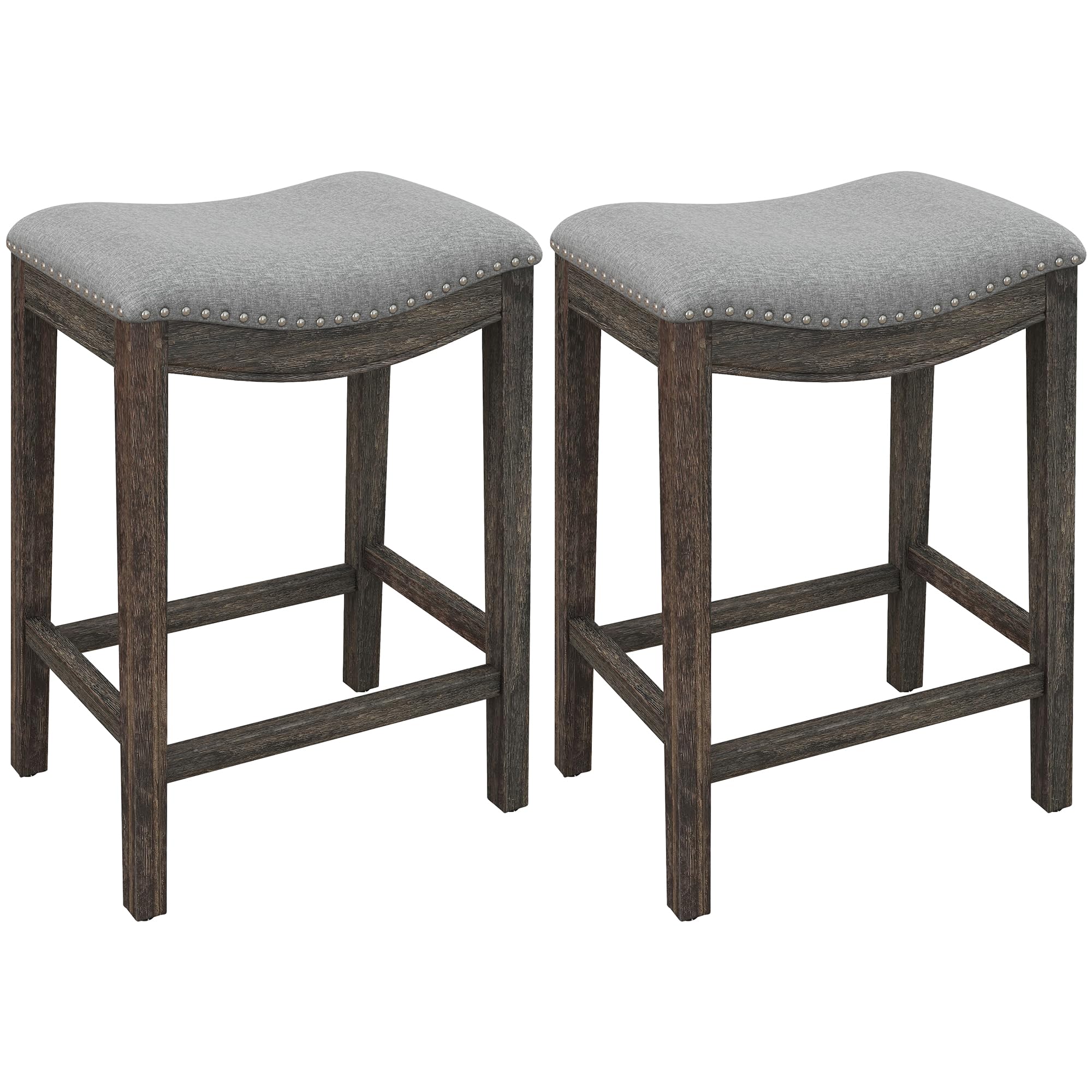 Bar Stools Set of 2, Counter Height Stools Saddle Seat, 27 Vintage Linen Fabric Stools with Wood Legs and Nailhead Upholstered Seat for Kitchen Island, Gray