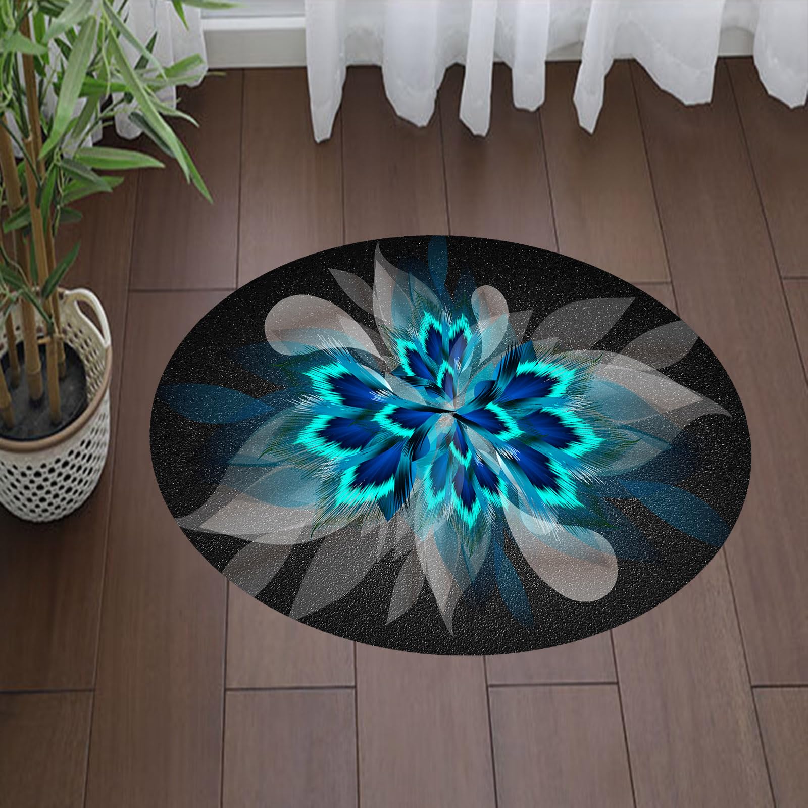 KTYUTJDH Area Rugs Short Pile for Bedroom, Living Room, Circle Carpet Floor Mat,Black Grey Dark Blue Turquoise Feather Pattern Modern,Blue,Round ø 150 cm