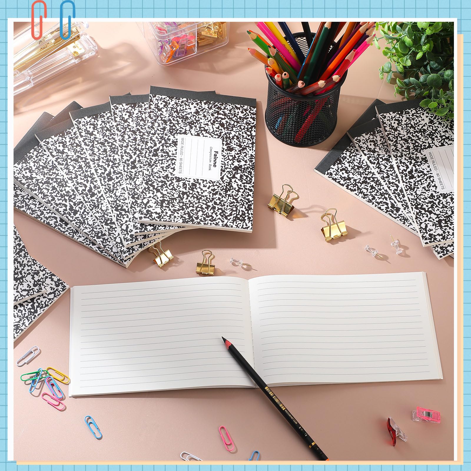 Fainne Lot de 20 carnets de composition 12 x 19 cm de large lignés Noir