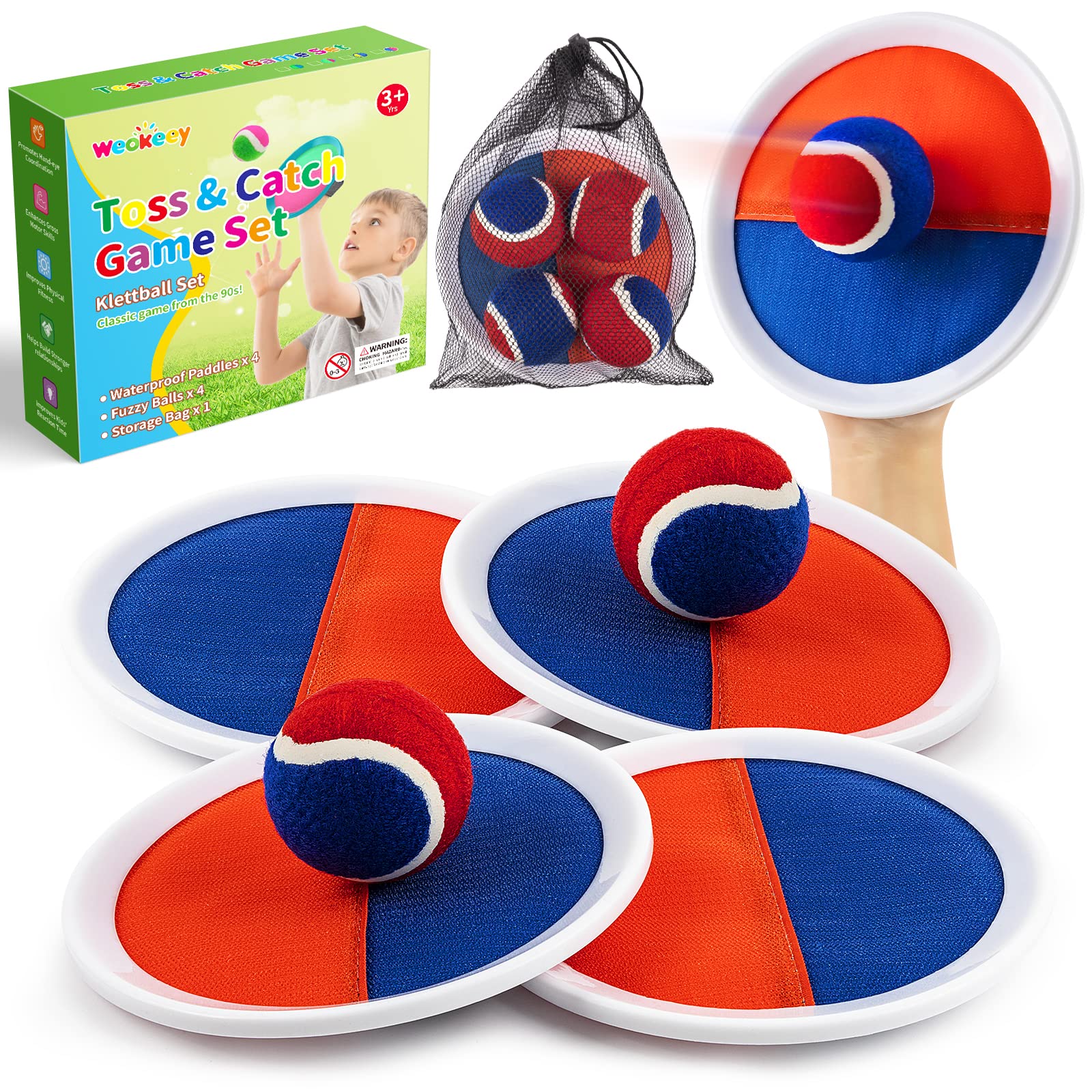 Weokeey Ball Catch Set Games Toss Paddle Beach Toys Back Yard Outdoor Lawn Backyard Throw Sticky Set Age 3 4 5 6 7 8 9 10 11 12 Years Old Boys Girls Kids Adults