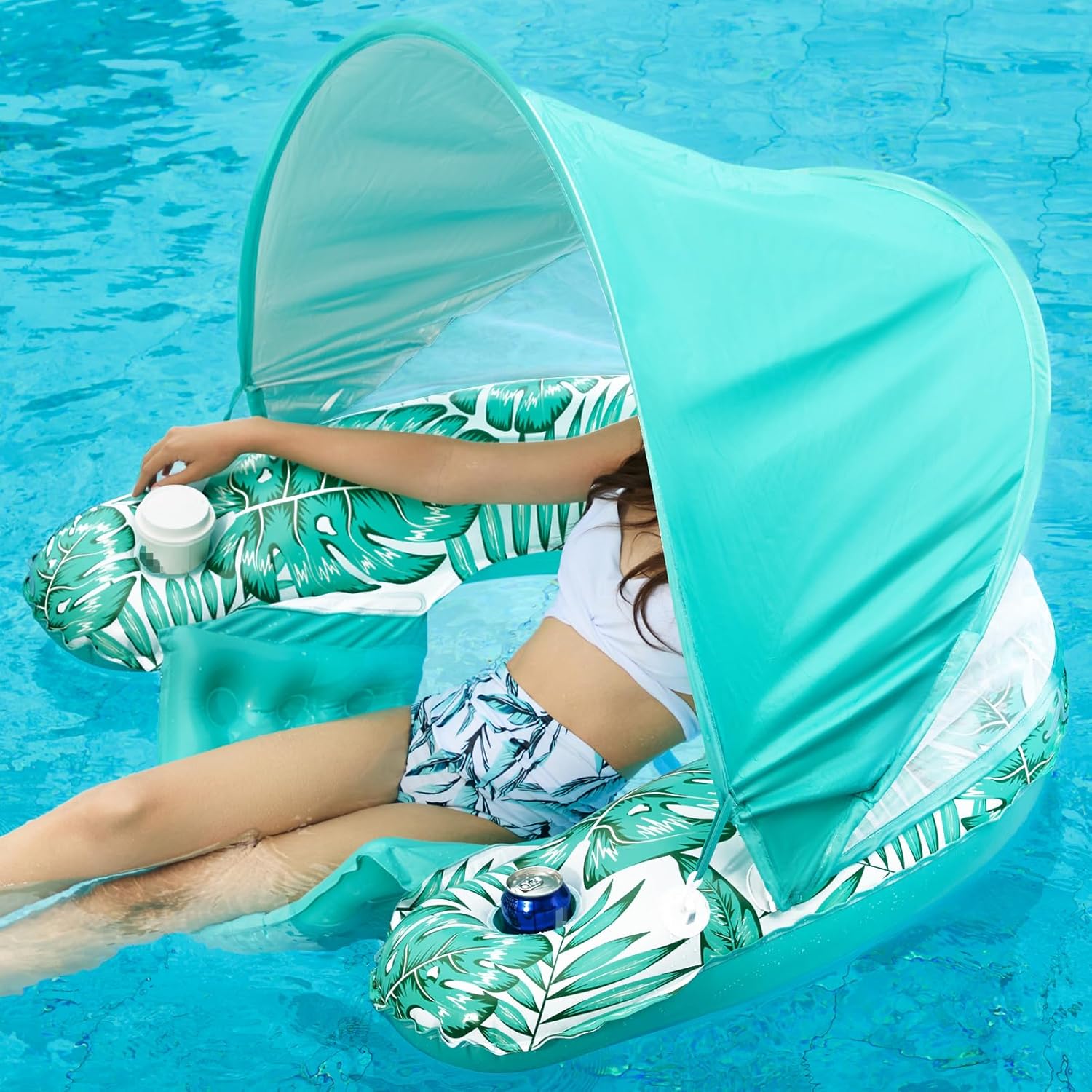 Jasonwell Pool Float with Canopy - Inflatable Pool Floaties Adult Floating Pool Chair Lounge Floats for Swimming Pool Water Chair Pool Lounger with Cup Holders Pool Toy Party Floaty for Adult