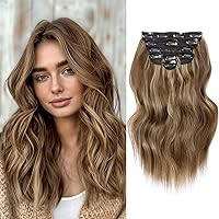 Vista 6 de NAYOO Extensiones de cabello con clip, de 20 pulgadas, largo, ondulado, rizado, rubio ceniza, extensiones de cabello sintético de cabeza completa