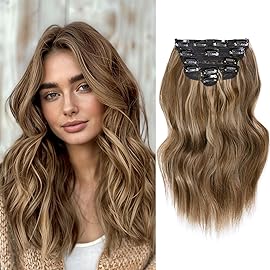 NAYOO Clip in Hair Extensions for Women 14 Inch Short Wavy Curly Brown Mix Blonde Hairpieces Full Head Synthetic Hair Hairpieces (6PCS, Brown Mix Blonde)