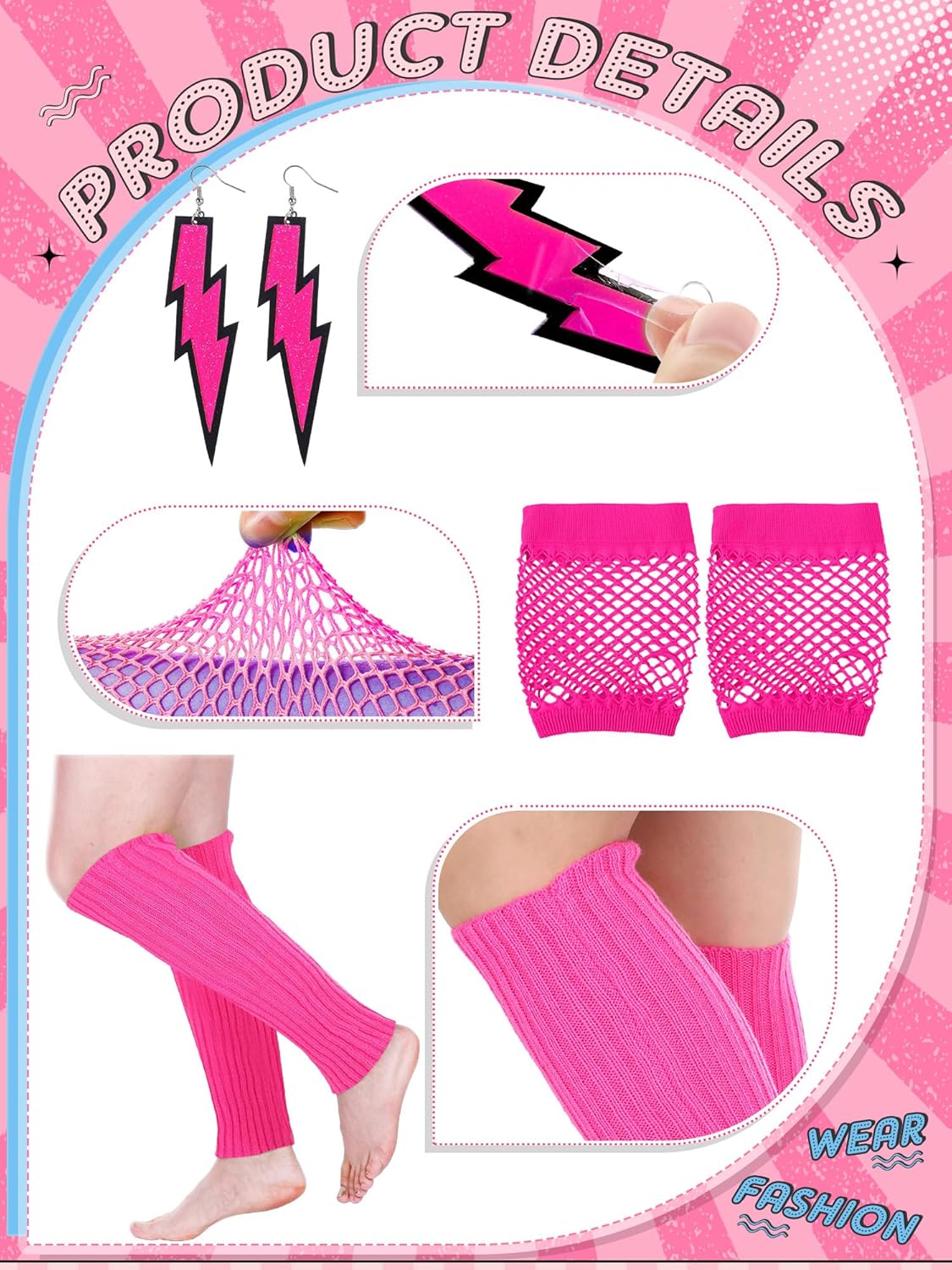 8 Pcs 80s Costume Women Outfit Accessories Set Tee Racerback Legging Pants Anklet Gloves Earring Hairband - Image 3