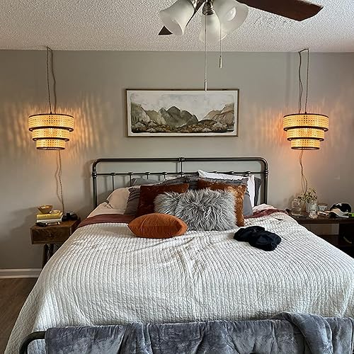 Miniatura 7 de XININSUN Lámpara colgante de 3 niveles enchufable con cable de enchufe de 15 pies, lámpara colgante regulable de mimbre de ratán, pantalla de tambor