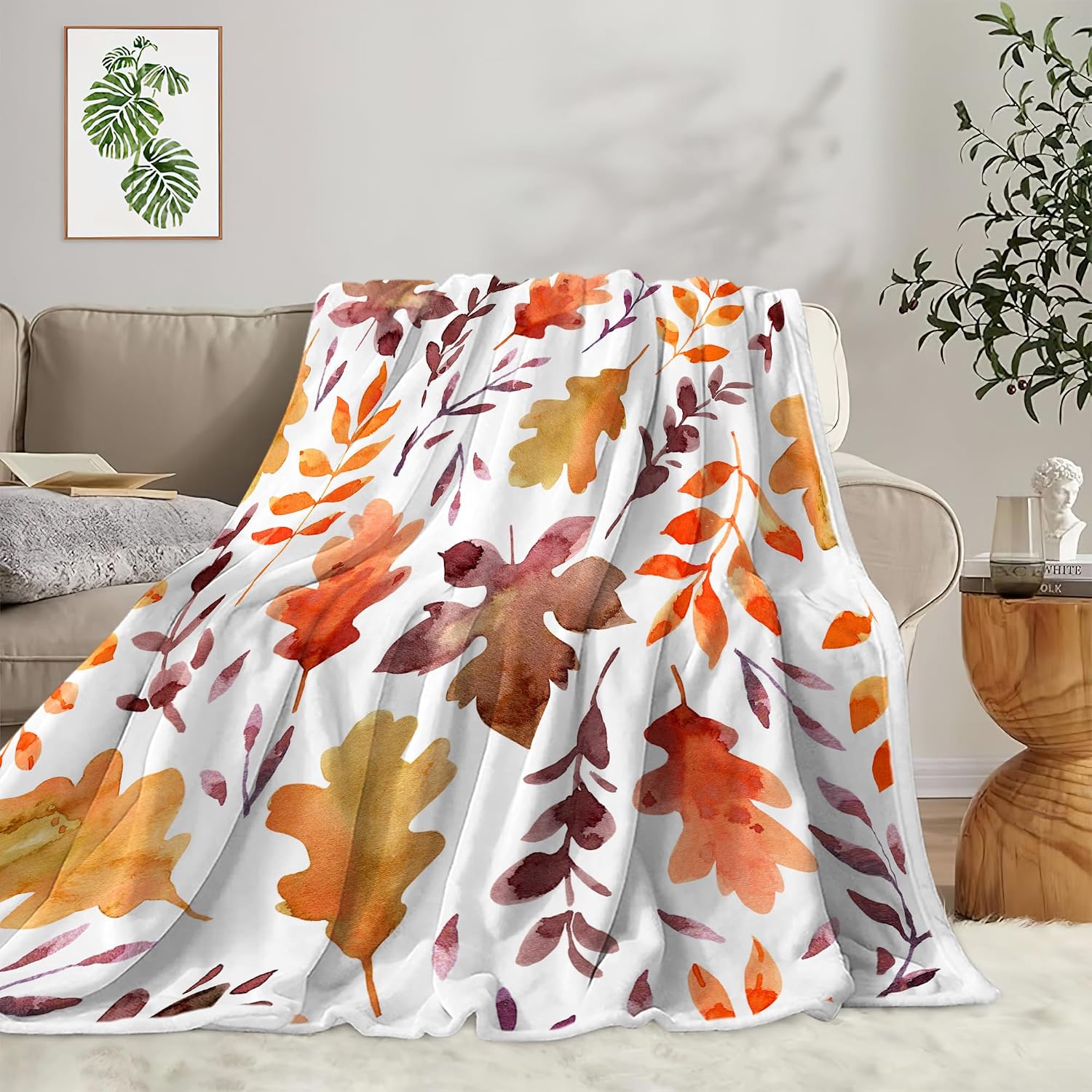 Fall Yellow Tree Foliage Throw Blanket, Autumn Brown Yellow Maple Leaf Sage Blanket and Throws, Soft Flannel Fleece for Bedroom, Living Room Outdoor Blankets, 50X60 Inches.