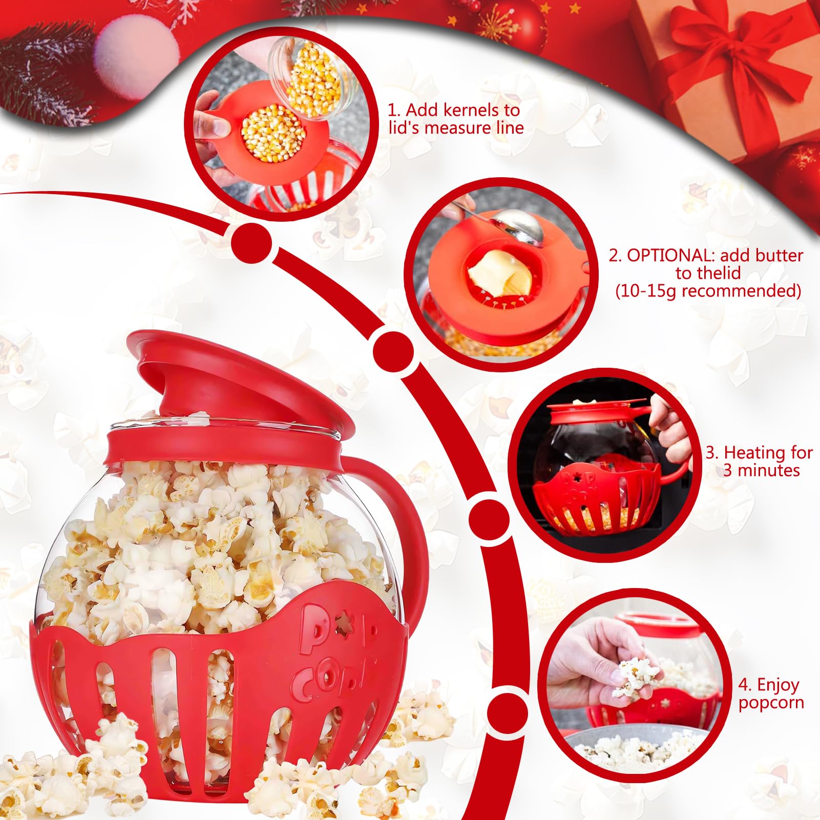 Ciotola per Popcorn per Microonde, Pop corn Microonde Vetro,Macchina Popcorn,Coperchi in 3 in 1 per Snack Salutari, per Raduni, Feste, Picnic, Rosso, Pentola a Microonde Aria Popcorn Spuntino