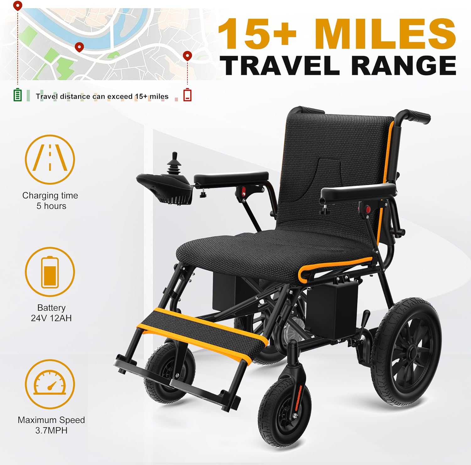 KERDOM Electric Wheelchair with icons showing 15+ miles travel range, 5 hours charging time, 24V 12AH battery, and 3.7MPH maximum speed.