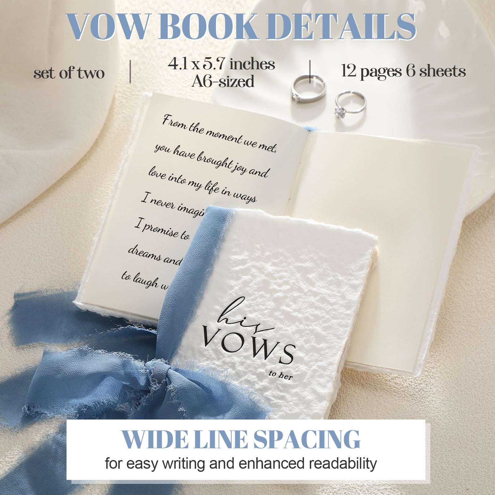 Engrowtic Set di 2 libri per promessa di matrimonio per lui e per lei, con nastri, 14 x 10,2 cm, con bordo strappato a mano, con busta e sigillo di cera, regalo per sposi e coppie di fidanzati (blu)