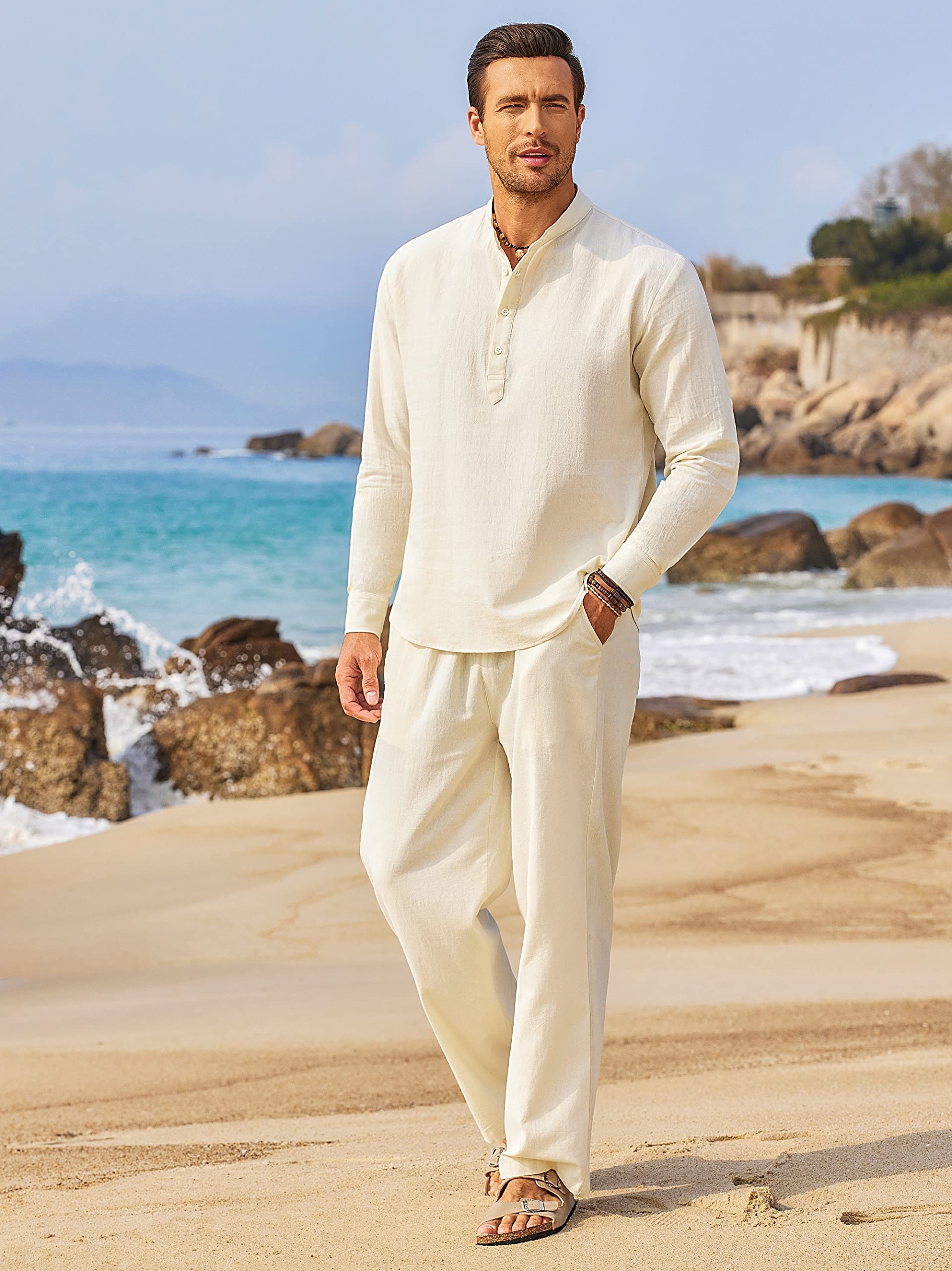 COOFANDY Uomo 2 Pezzi Cotone Lino Set Manica Lunga Henley Camicie Casual Pantaloni Da Spiaggia Con Tasche Estate Yoga Abiti, Beige, Large