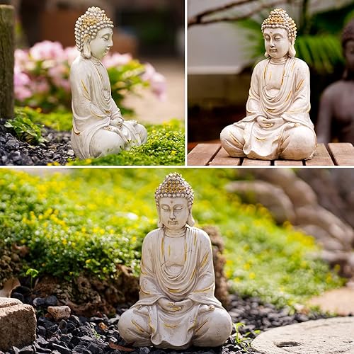 Miniatura 5 de Goodeco 11.4 Estatua de estatua de Buda Zen meditadora, decoración interiorexterior para el hogar, jardín, con collar de cuentas de madera natural,