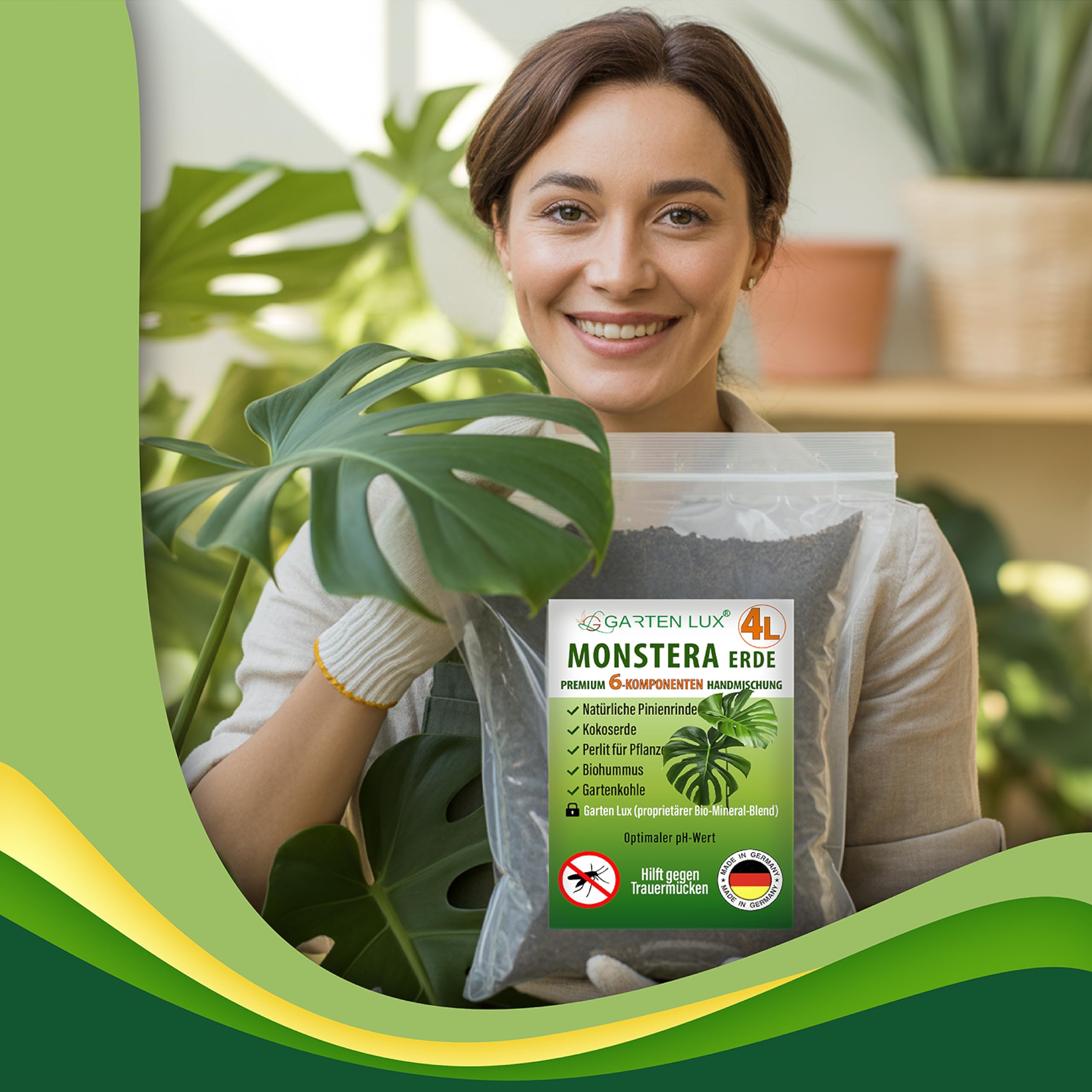 Garten Lux Monstera Terra 4L sans tourbe - 6-en-1 contre les moustiques deuil | substrat aroid | terre de coco, perlite, écorce de pin, biohoumus, charbon de jardin + complexe secret | drainant