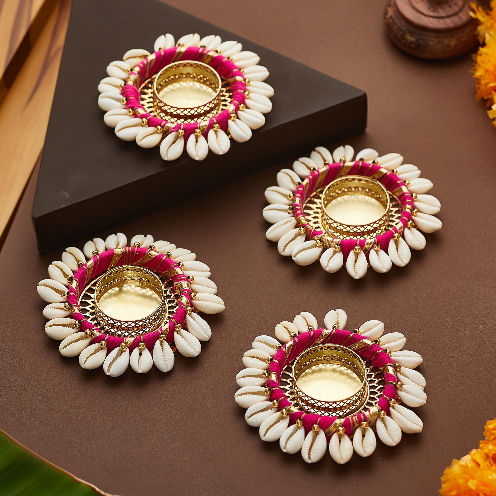 TIED RIBBONS 4 pcs Handmade Tealight Candle Holders for Pooja | 0.7 Inch, Pink | Kodi Tealights Holder for Decor, Mandir | Diwali Decoration Home, Deepawali Gifts | Indian Decorations