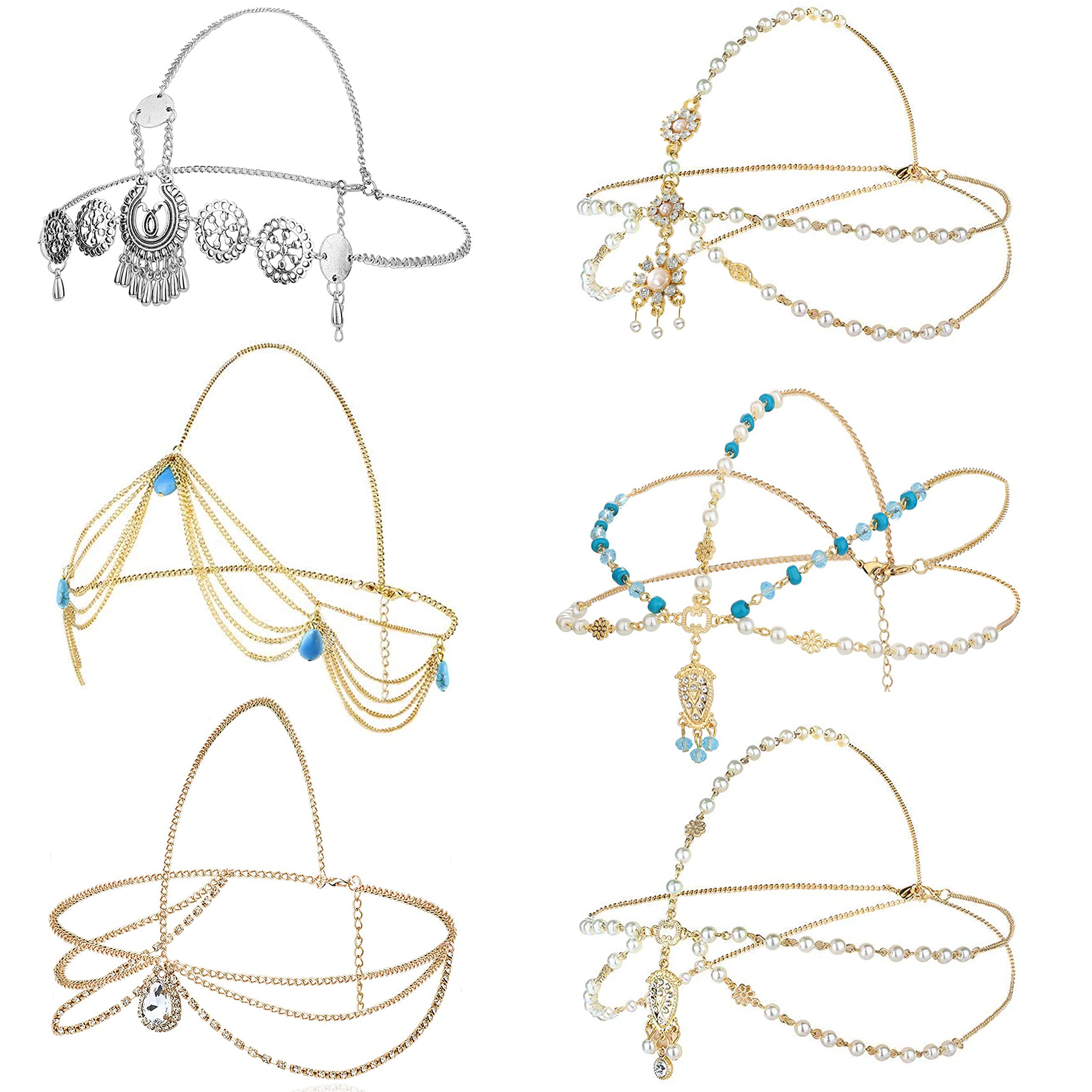 EIELO 6 Pack Head Chain for Women Gypsy Costume Wedding Bridal Headpiece Boho Pearl Tassel Turquoise Rhinestone Princess Hair Accessories