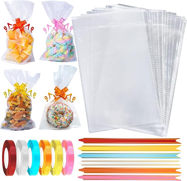 Cellophane Bags Pack of 120 (6 x 10 Inches) Food Safe Cookie Bags with Mix Colors Gorgeous Pull Bows and Ribbons - Flat Bottom Clear Bags for Sweets, Gifts Packaging for Christmas, Halloween, Birthday