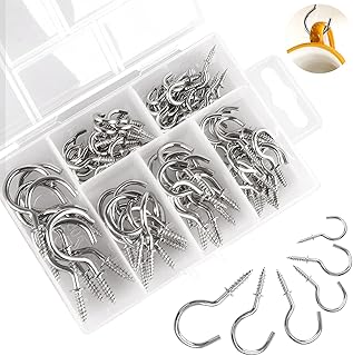 Small Hooks Screw in, 6 Sizes Metal Screw Hooks for Wood, 75PCS Cup Hooks Screw in, Sliver Screw in Hooks for Hanging Mug Key and Garden Lights