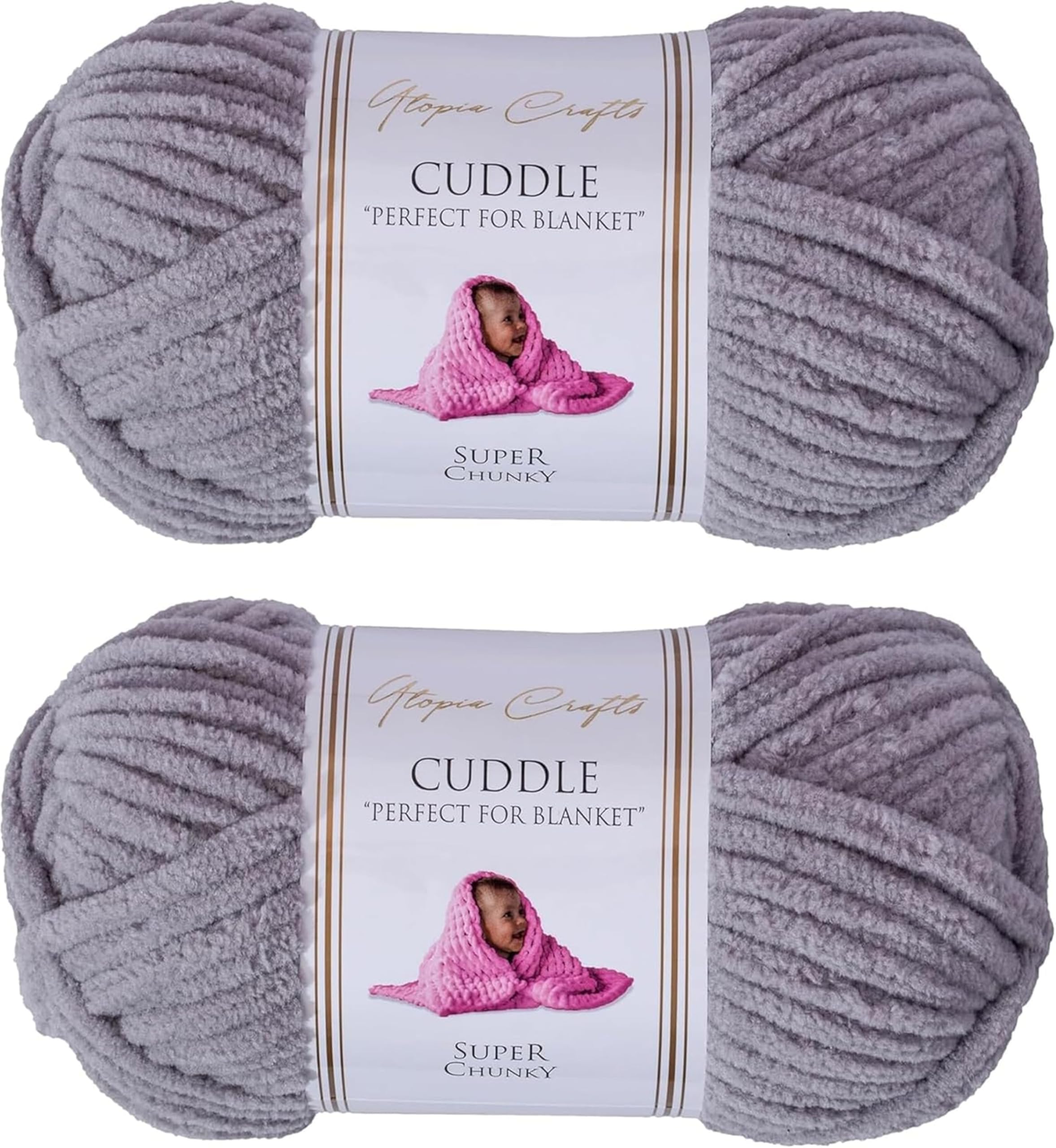 Utopia Crafts Cuddle Super Chunky Chenille Soft Yarn for Knitting and Crochet, 2X 100g - 60m (Soft Grey)