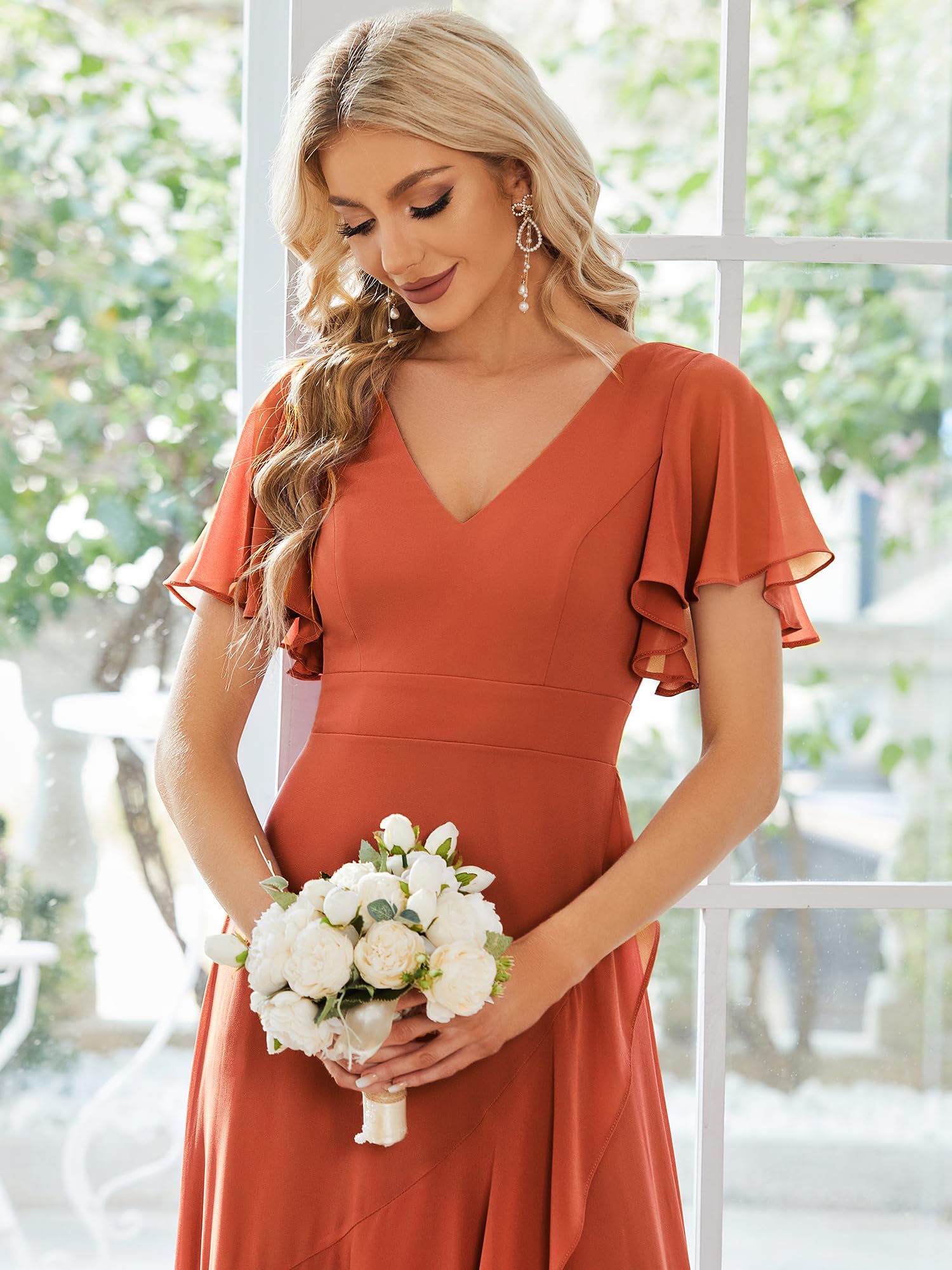 Ever-Pretty Robe pour Mariage Invité Femme Longue Asymétrique Manches Courtes Col V Fendue Fluide Chic ES01749