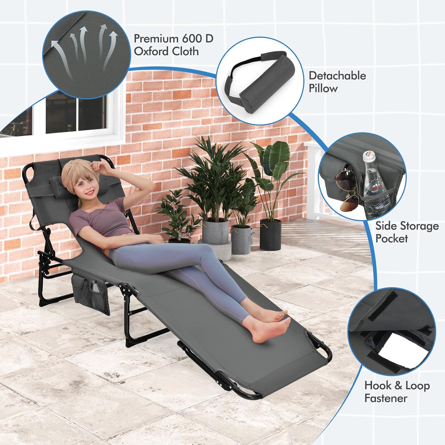 Goplus Tanning Chair, Folding Adjustable Patio Lounge Chair with Face Hole, Removable Pillow, 330LBS, Carry Strap, Outdoor Sunbathing Chair, Lightweight Portable Beach Lounge Chair, No Assembly