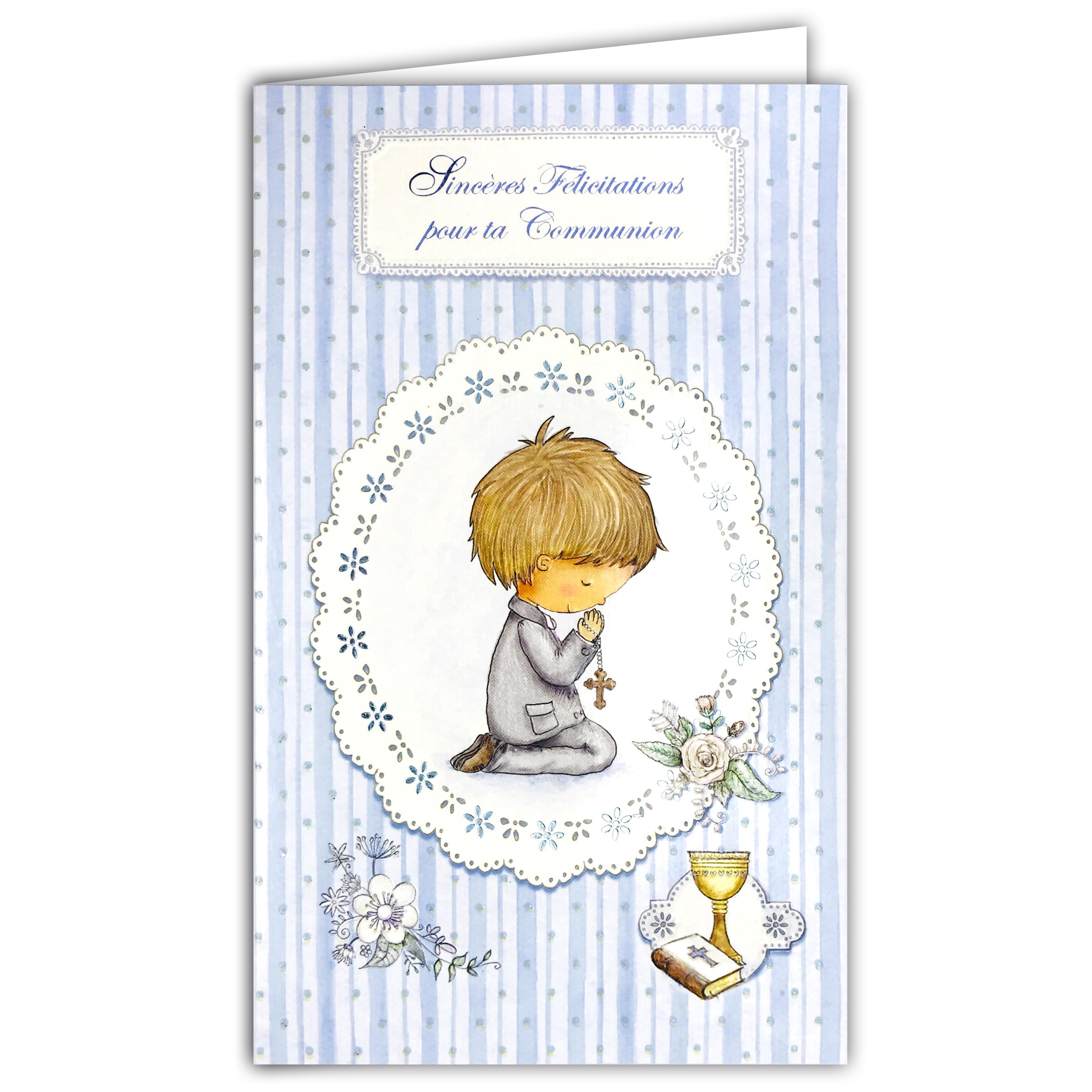 AFIE 19-641 Card Holder with Envelope Sincere Congratulations on Your Communion Boy Christian Catholic Cross Bible Wine Cup Chalice Ciborium Blue Flowers Illustration – Made in Europe