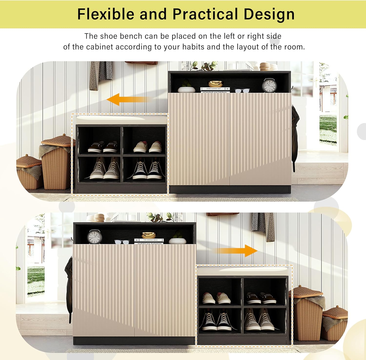 Merax Livingroom Shoe Cabinet with Bench, 2 Wavy Slatted Doors and 3-Tier Adjustable Shelves, Entryway Bench with 4 Open Shoe Racks and Removeble Cushion, Shoe Storage Cabinet with Hooks, Beige+Black