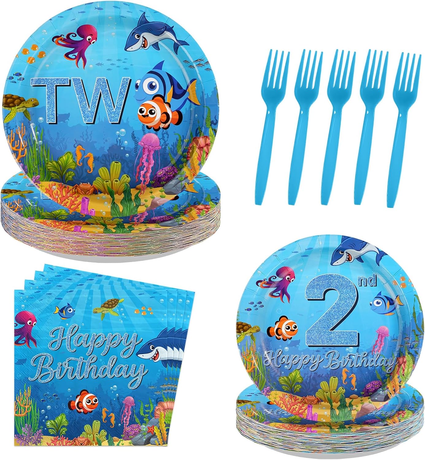 96Pcs Yellow Cartoon Party Supplies 4th Birthday Plates and Napkins Blue Yellow Ocean Disposable Paper Tableware for adults Underwater Birthday Party Supplies Serves 24