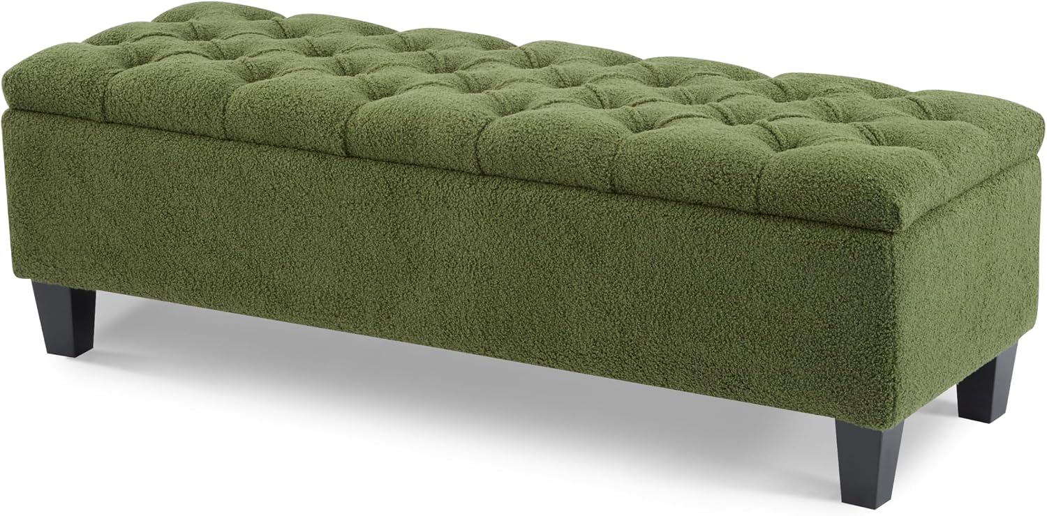 Dancongtea 51 Inch Storage Ottoman Bench with Boucle Fabric, Tufted Diamond Stitching Upholstered Bench with Rubber Wood Legs, Entryway Bedroom Living Room Seating with Hidden Storage, Green