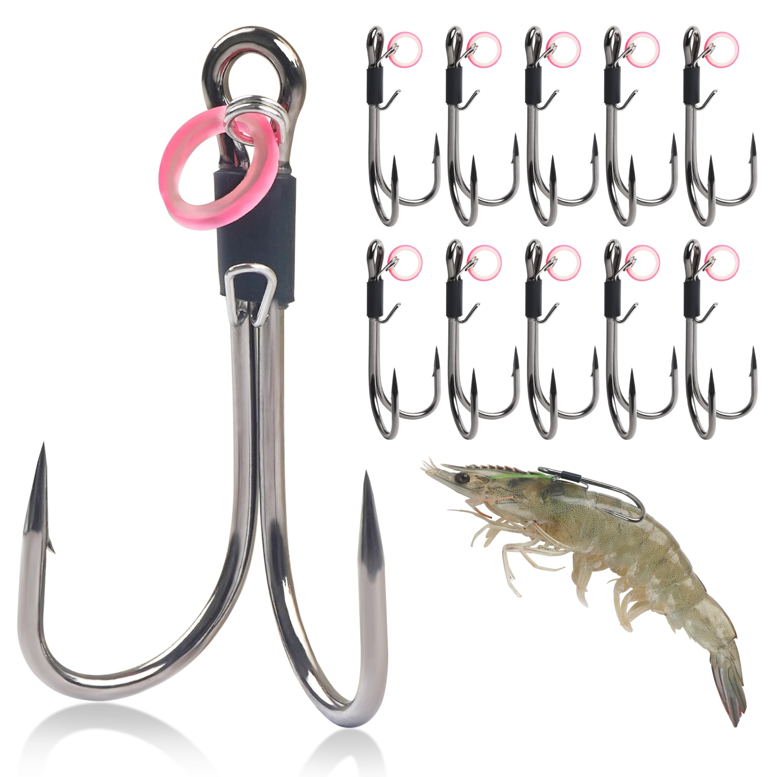 Double Fishing Hooks Live Shrimp Hooks - 10pcs High Carbon Steel Dual-Hook Shrimp Back Hook Barbed Strong Live Bait Holder Hooks Saltwater Freshwater for Bass Carp Pike Catfish