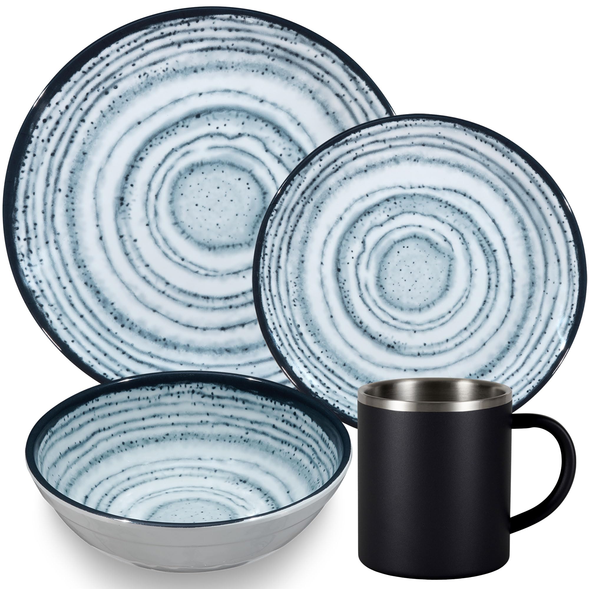 Melamin Geschirr Set Blau Schiefer Edelstahl Thermo Tassen Camping Garten