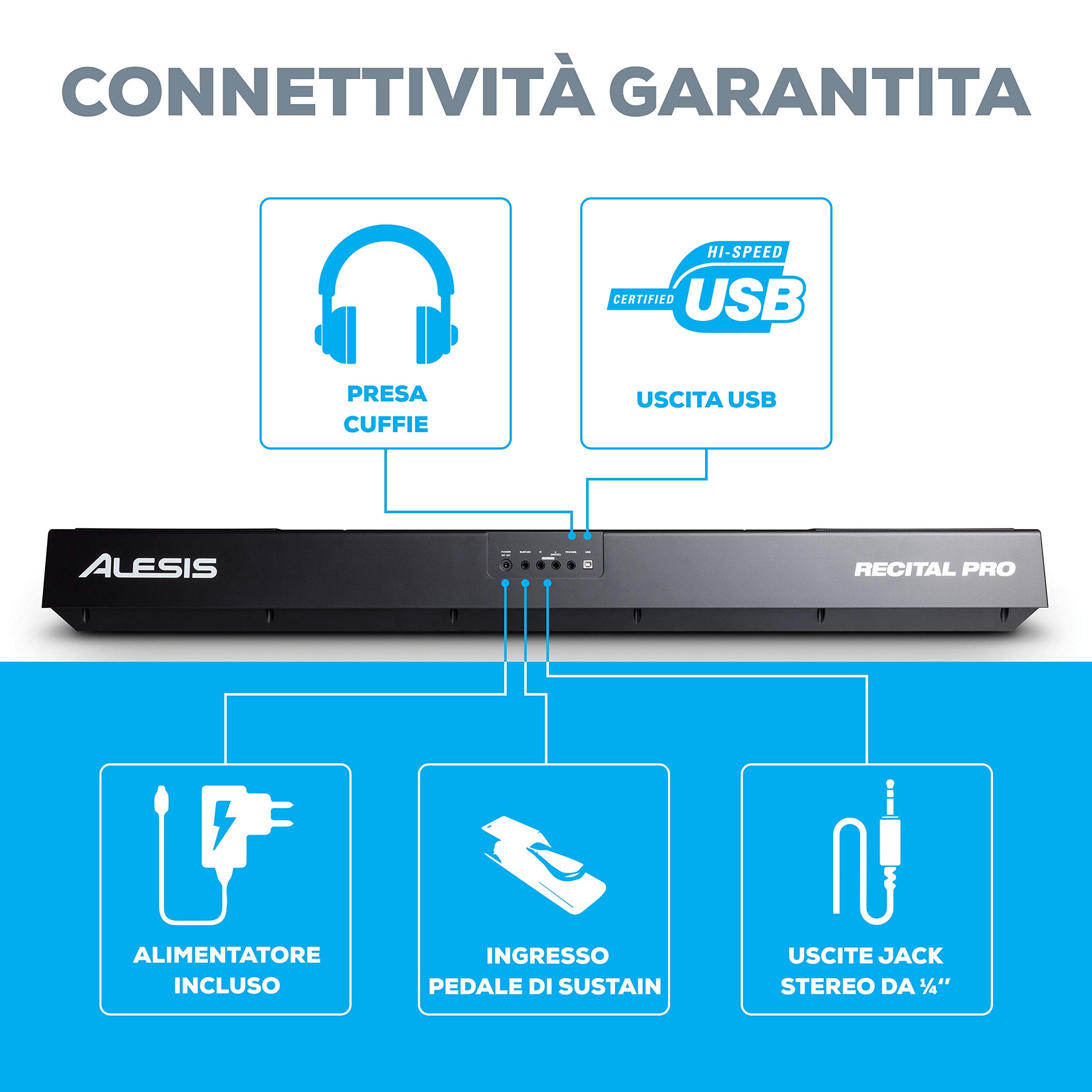 Alesis Recital Pro + SRP100 - Pianoforte Digitale 88 Tasti Pesati, Pianola con Casse Integrate e Lezioni Online + Cuffie da Studio Monitor Professionali