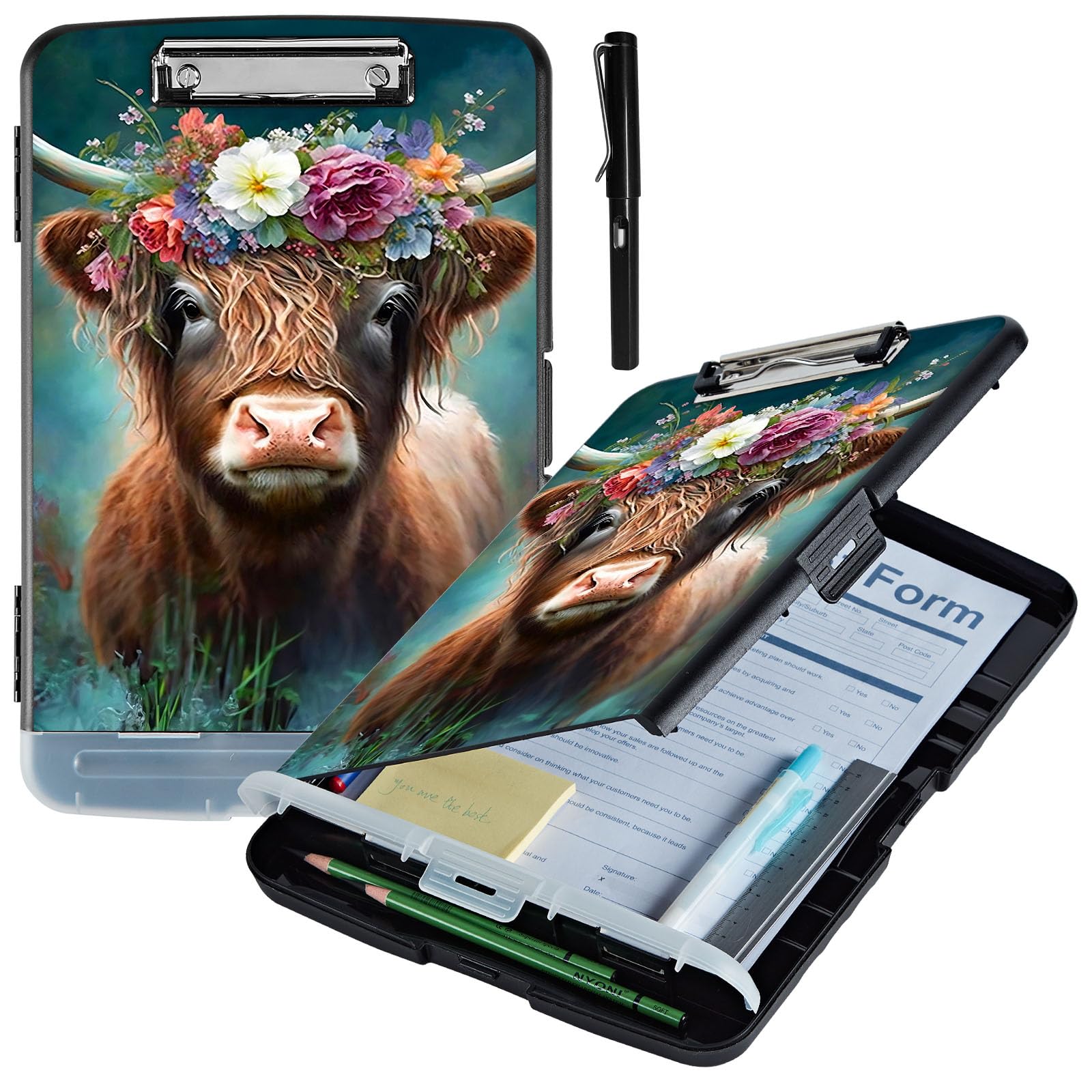 ACWDMKH Clipboard with Storage,Plastic Storage Clipboard with Low Profile Clip,Heavy Duty High Capacity Clip Boards with Pen Holder & Pencil,Teacher Must Haves,Office Supplies,Cute Highland Cow โ image 1