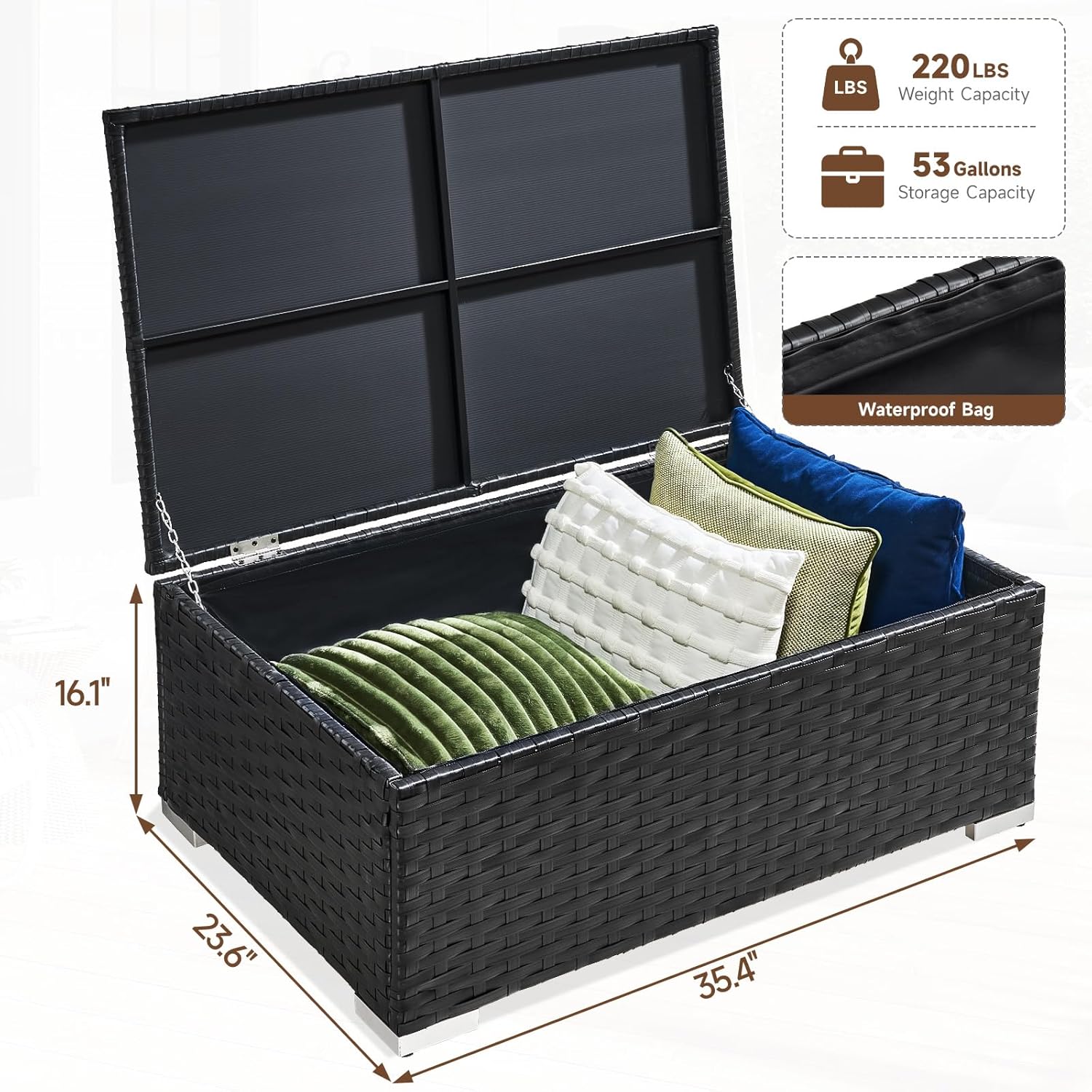 ONBRILL Outdoor Coffee Table with Storage, Rattan Storage Coffee Table with Internal Waterproof Bag, Low Side Table for Patio, Porch, Backyard, Poolside - Black