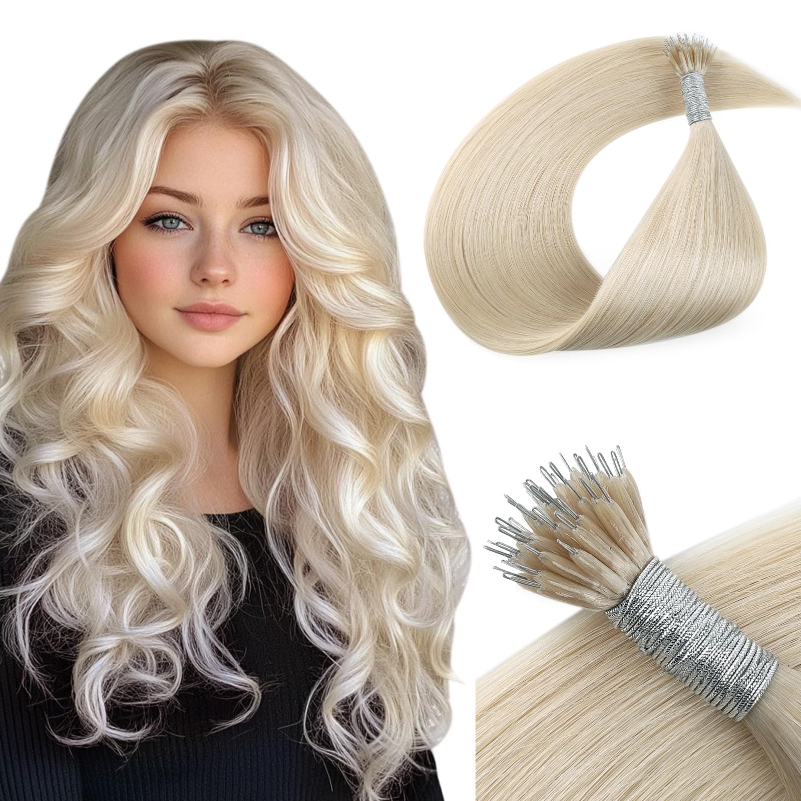 Yuniffe Nano Hair Extensions Real Human Hair Platinum Blonde Nano Ring Hair Extensions Remy Straight Nano Beads Hair Extensions Natural Long Straight 24 Inch 50g/50s