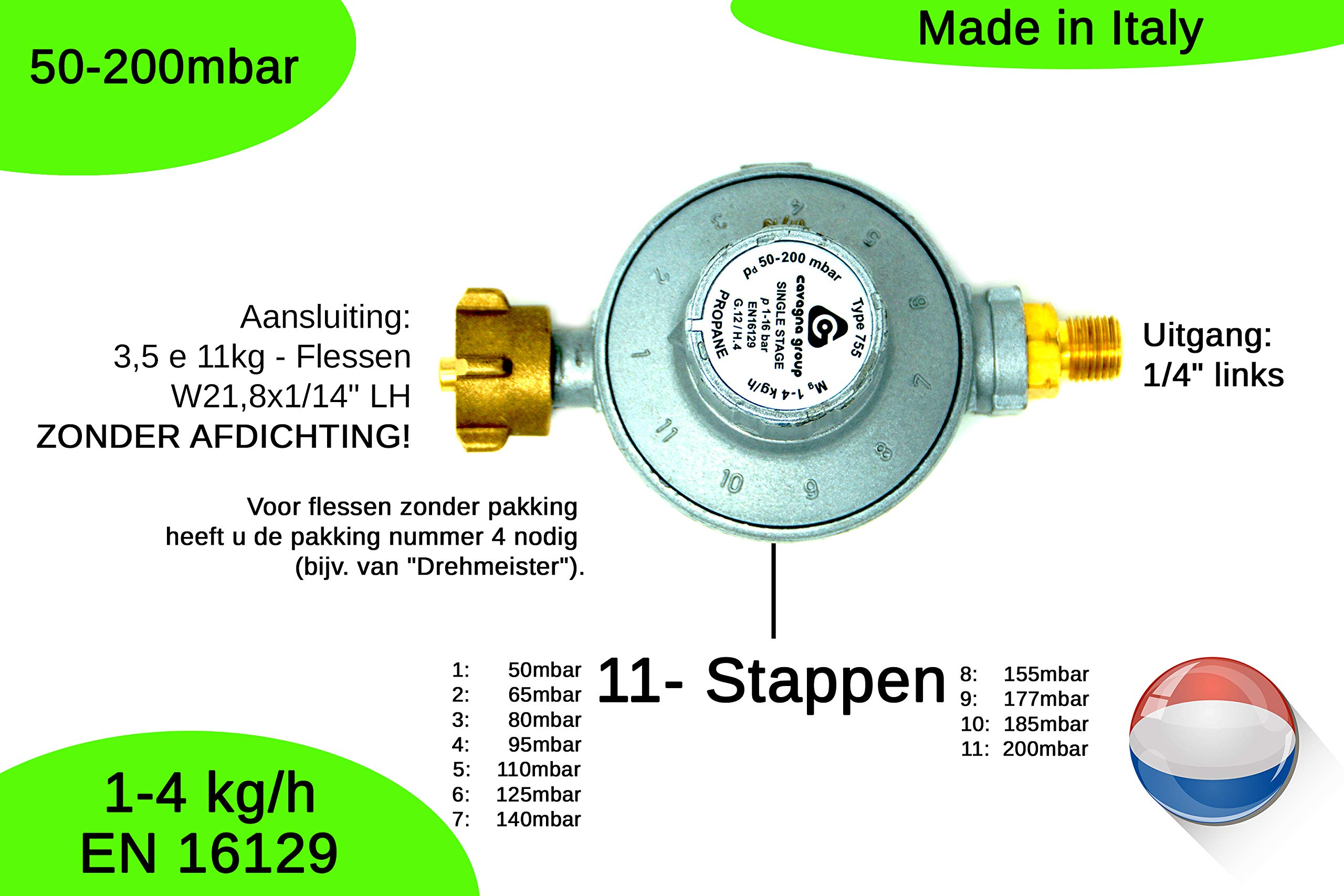 CAVAGNA Regulator niskiego ciśnienia 50 – 200 mbar, 11-stopniowa regulacja ciśnienia gazu do grilla gazowego, grzejnika, promiennika tarasowego, kuchenki
