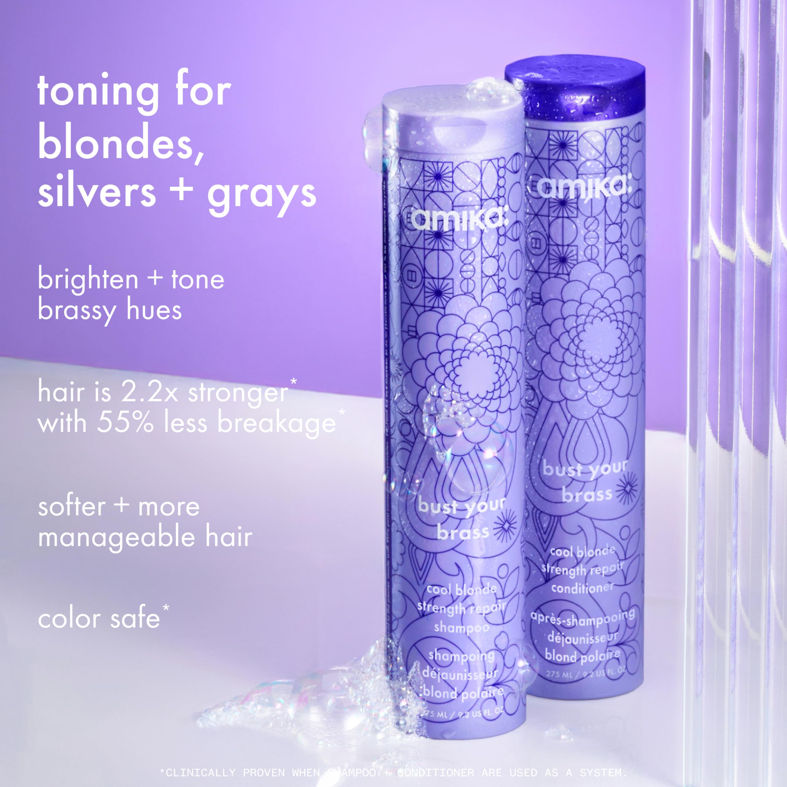 amika Busto Your Brass Cool Blonde Strength Repair Balsamo per capelli - idratante + rinforzante tonificante balsamo viola per bionde, argento + grigi - aiuta a ridurre la rottura (275 ml)