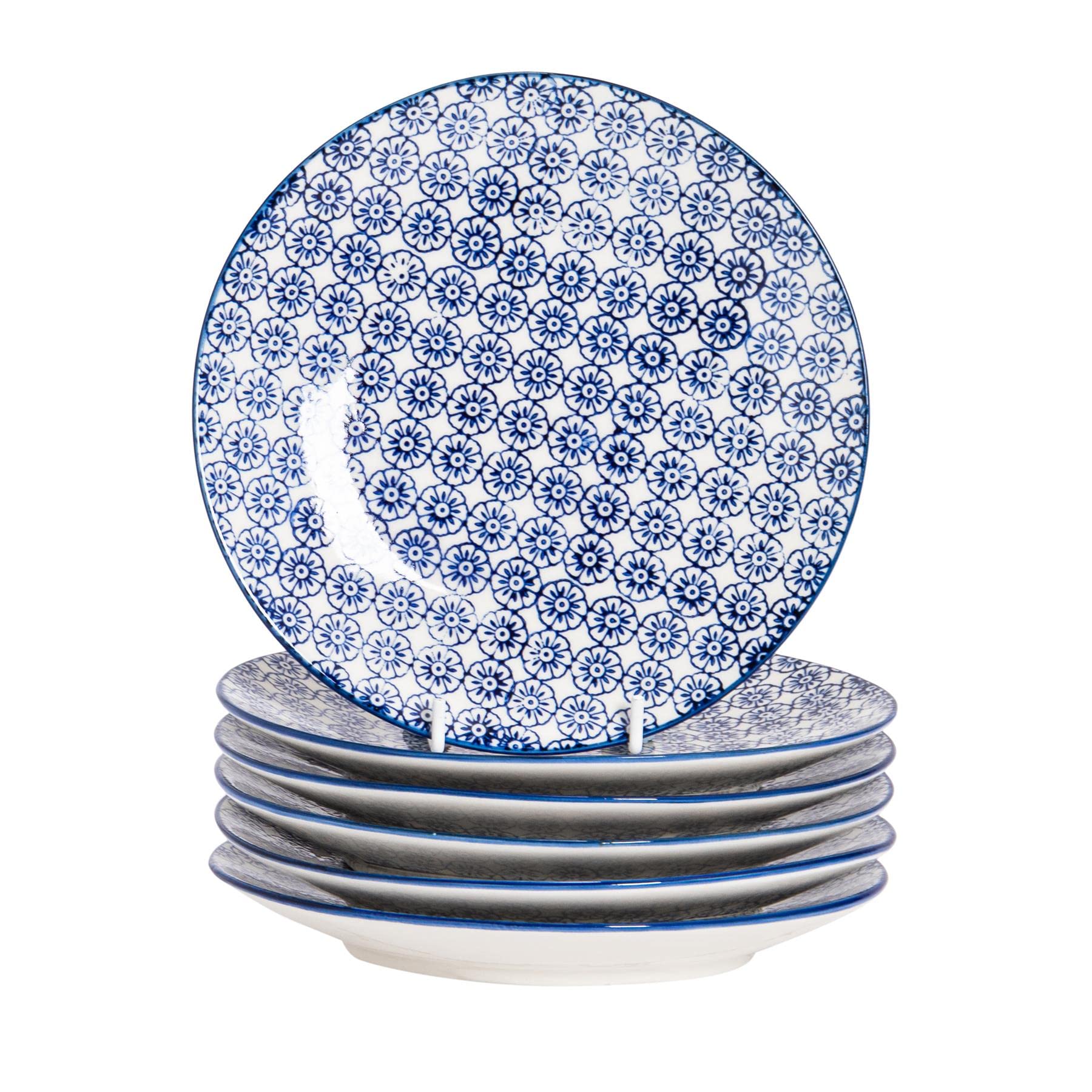 Nicola Spring Assiettes latérales imprimées à la main - 18 cm - Marine - Paquet de 6 - Assiettes à manger décoratives en porcelaine à motifs pour collations, entrées, dîner, dessert
