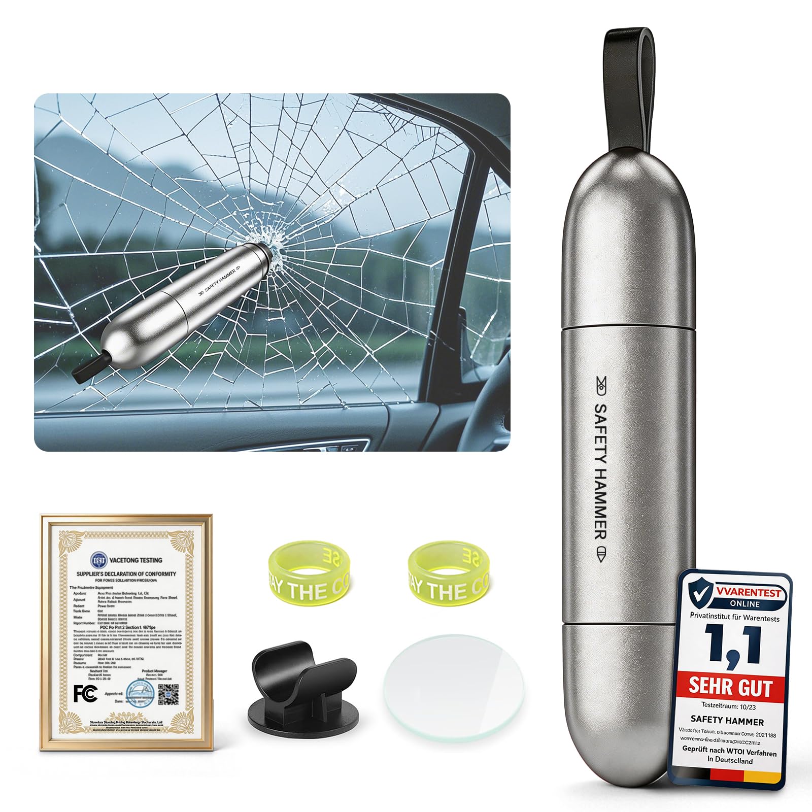 Notfallhammer Auto Mit Übungsglas【Hochpräziser Federkorn (HRC 90+) 】mit Gurtschneider【Getestet bei -30°C bis +85°C für >99% Ausbruchserfolg an Seitenscheiben】 Professionelles Rettungssystem(Sliver)