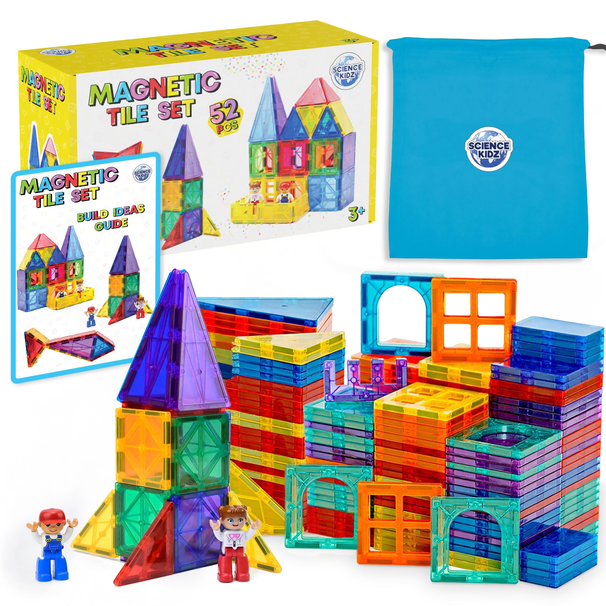 Science Kidz Magnetic Tiles - 50 Piece Set + 2 Magnet Play Figures + Bag - Building Blocks For Kids - Educational STEM Magnet Toys For 3, 4, 5, 6, 7 Year Old Boys & Girls - Magnetic Shapes
