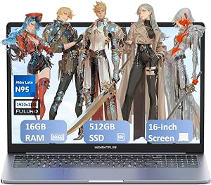 16 Inch Laptop, Alder Lake N95 Laptop Computer (4C/4T, Up to 3.4GHz), UHD Graphics 16GB DDR4 RAM, 512GB NVMe SSD, 1080P Screen, Backlit Keyboard, Webcam, Dual Speakers, Wi-Fi 5, BT 5.0