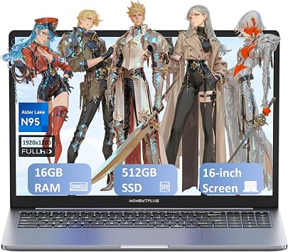 Laptop Computer 16 Inch 11 Pro, Alder Lake N95 Notebook PC 4C/4T, Up to 3.4GHz, 16GB DDR4 RAM, 512GB NVMe SSD, 1080P Screen, UHD Graphics, Backlit Keyboard, Wi-Fi 5, BT 5.0, Webcam