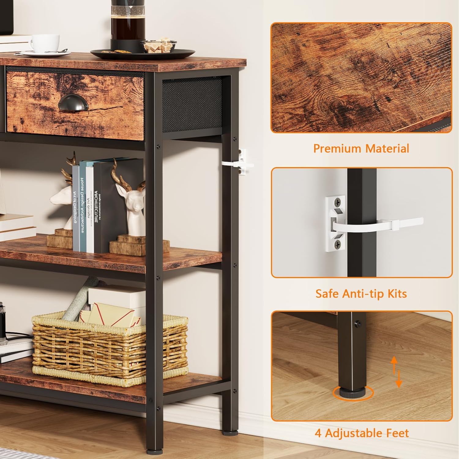 Furologee Long 47 Console Sofa Table with 3 Drawers, Entryway Table with 3-Tier Storage Shelves, Industrial Display Shelf for Entry Way, Hallway, Couch, Living Room, Kitchen, Foyer, Rustic Brown