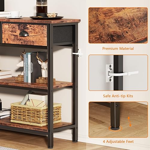 Miniatura 8 de Furologee - Mesa de consola larga de 47" con 3 cajones, mesa de sofá, mesa de entrada con estantes de almacenamiento de 3 niveles, estante de Marrón